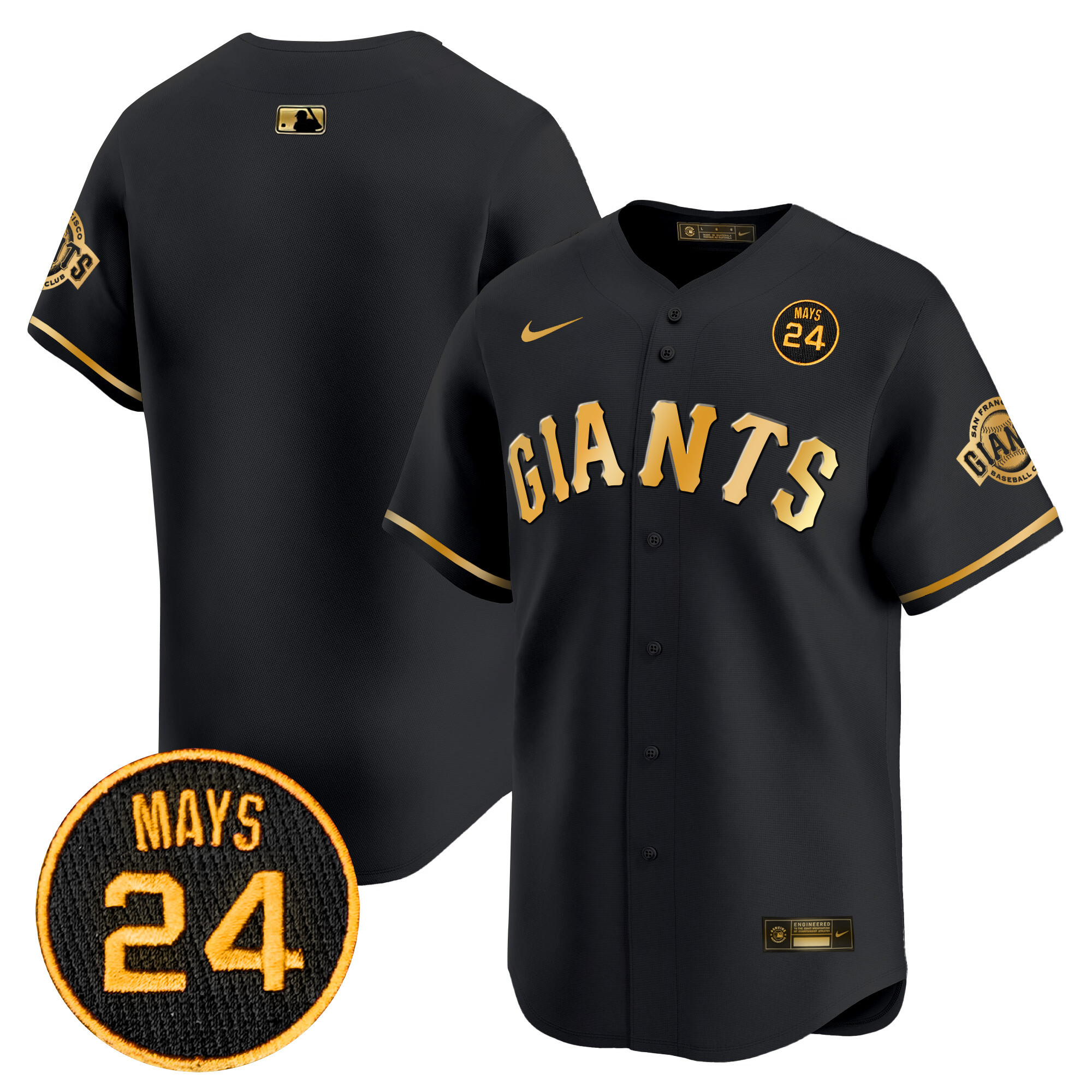 Men's San Francisco Giants 2024 Willie Mays Patch Vapor Premier Limited Black Gold Jersey V3 - All Stitched