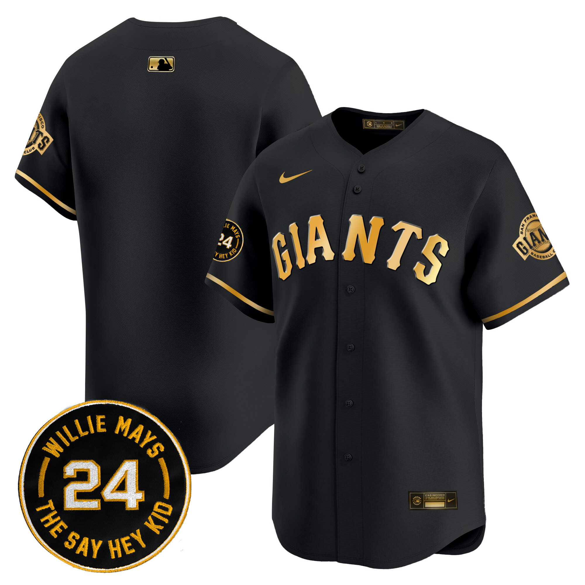 Men's San Francisco Giants 2024 Willie Mays Patch Vapor Premier Limited Black Gold Jersey V6 - All Stitched
