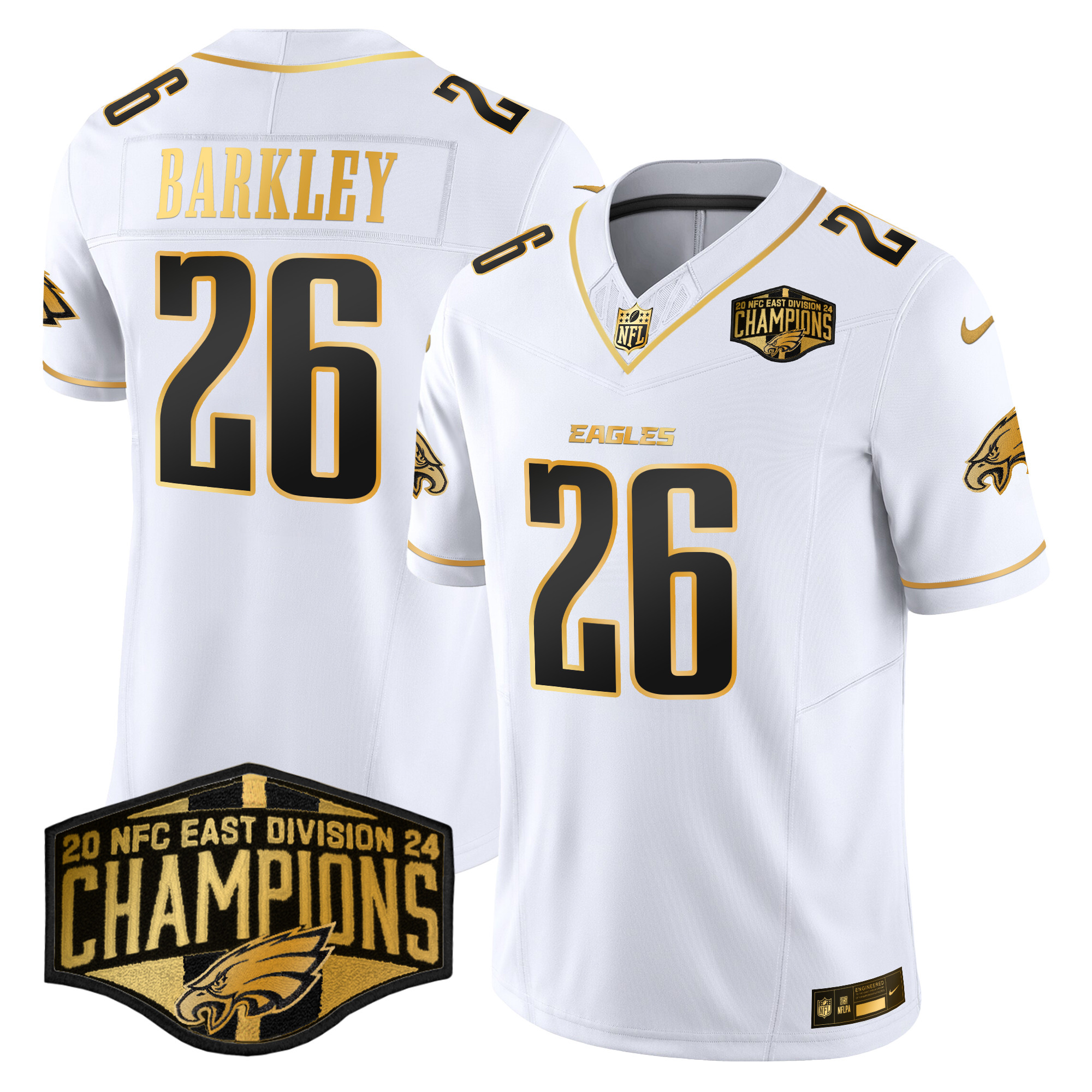 Men's Saquon Barkley Philadelphia Eagles 2024 NFC East Division Champions Gold Vapor Limited White Gold Jersey - All Stitched