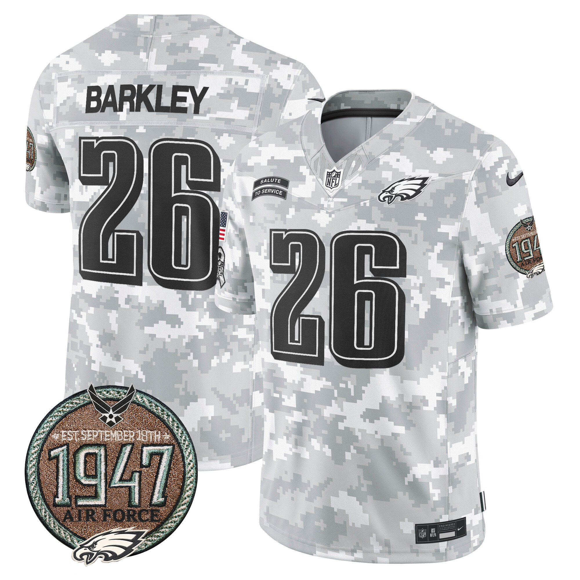 Men's Saquon Barkley Philadelphia Eagles 2024 Salute to Service Establishment Year Patch Vapor Limited Air Force Jersey - All Stitched