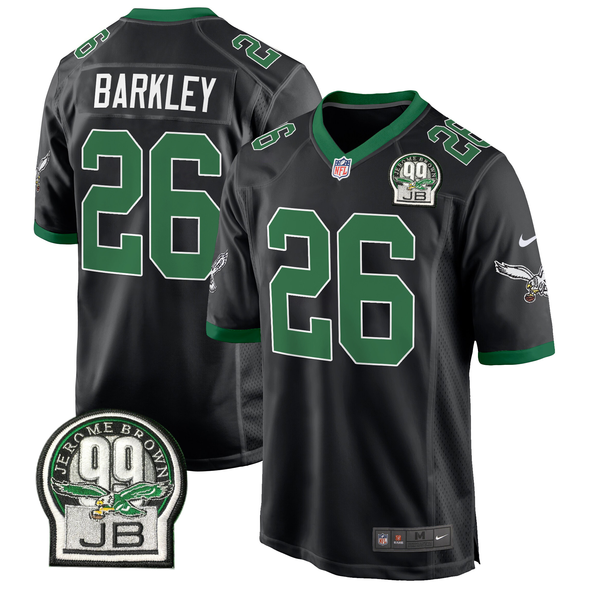 Men's Saquon Barkley Philadelphia Eagles Jerome Brown Patch Kelly Green Game Black Jersey - All Stitched
