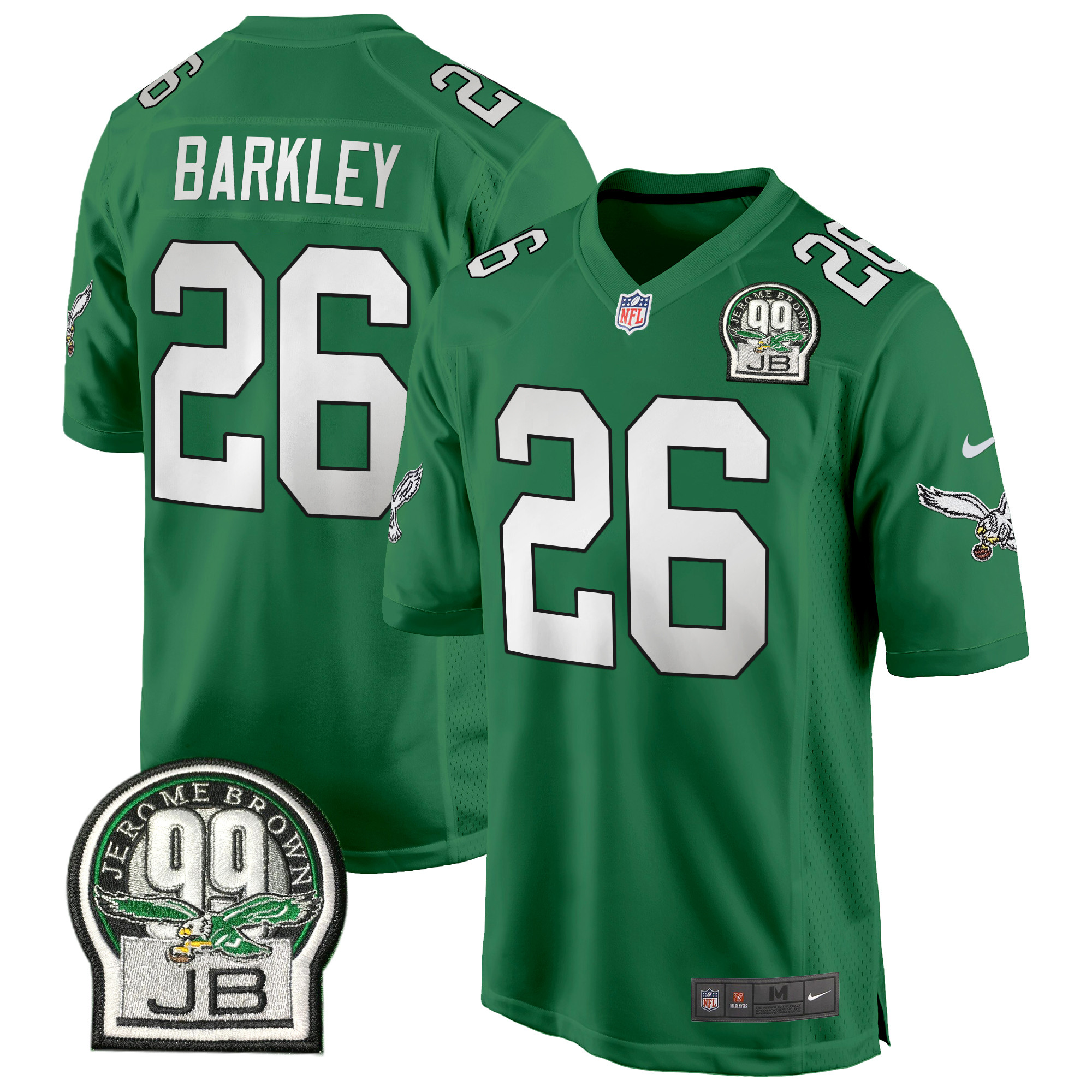 Men's Saquon Barkley Philadelphia Eagles Jerome Brown Patch Kelly Green Game Kelly Green Jersey - All Stitched