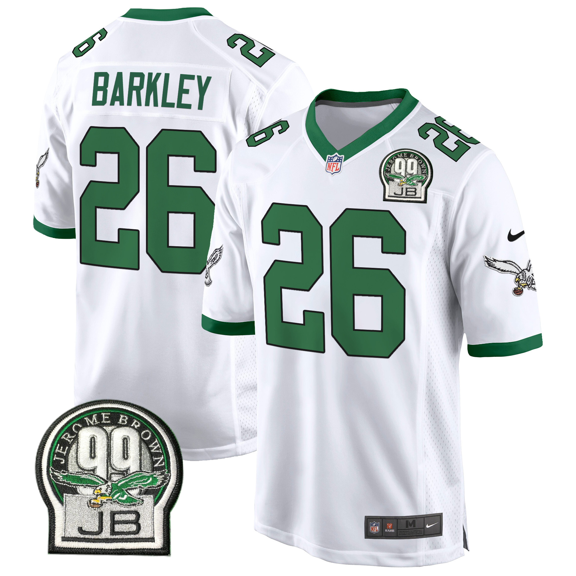Men's Saquon Barkley Philadelphia Eagles Jerome Brown Patch Kelly Green Game Kelly White Jersey - All Stitched