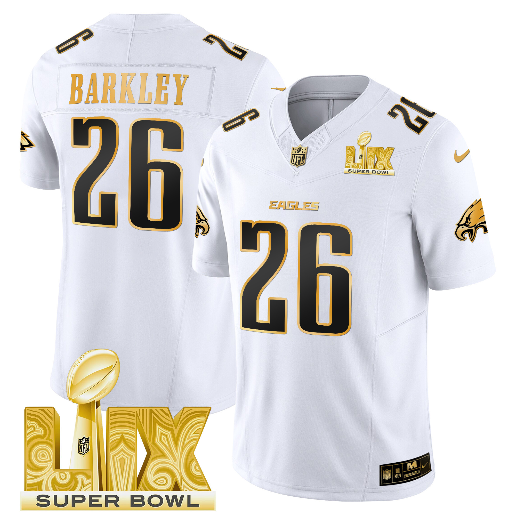 Men's Saquon Barkley Philadelphia Eagles Super Bowl LIX Patch Gold Vapor Limited White Gold Jersey - All Stitched