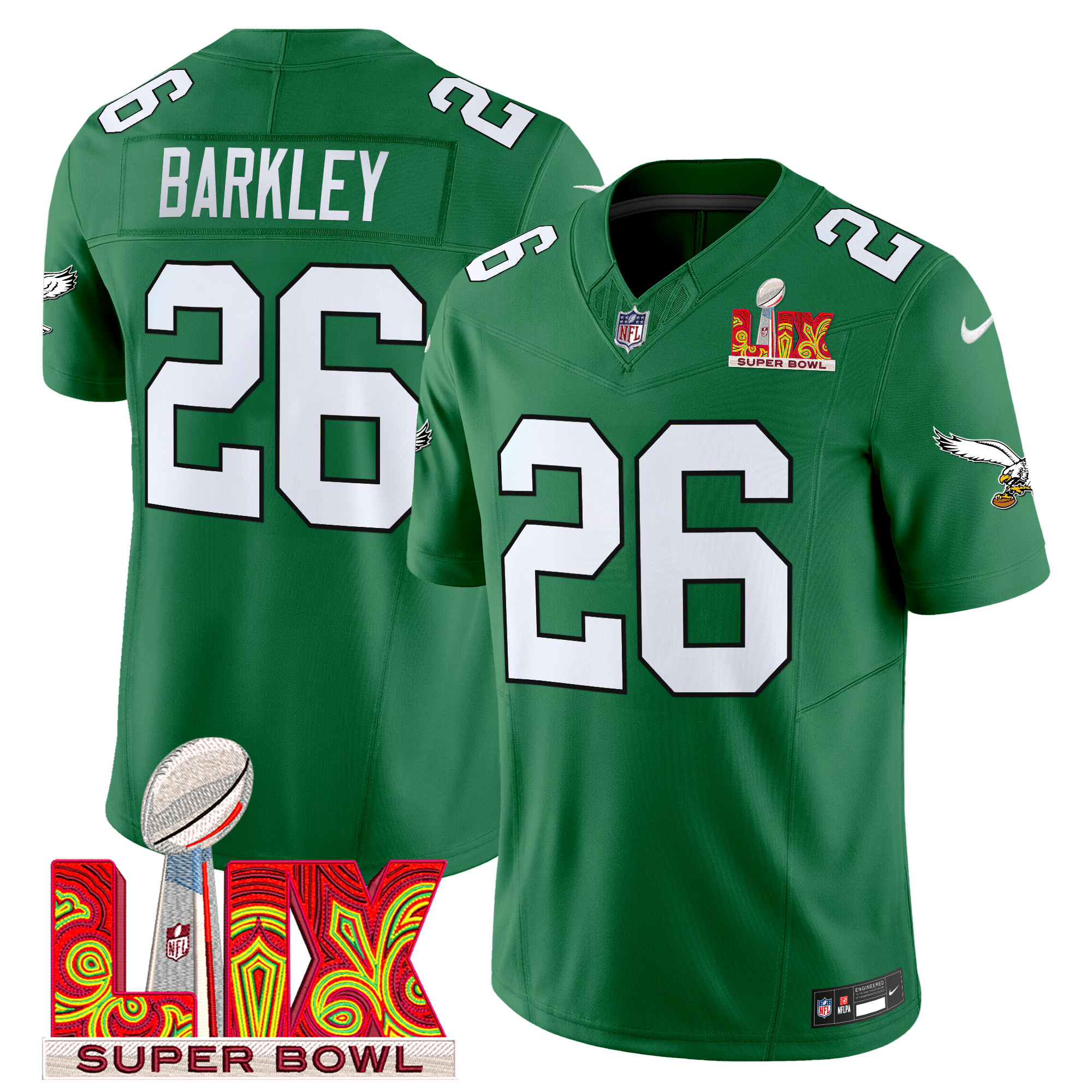 Men's Saquon Barkley Philadelphia Eagles Super Bowl LIX Patch Vapor Limited Kelly Green Jersey - All Stitched