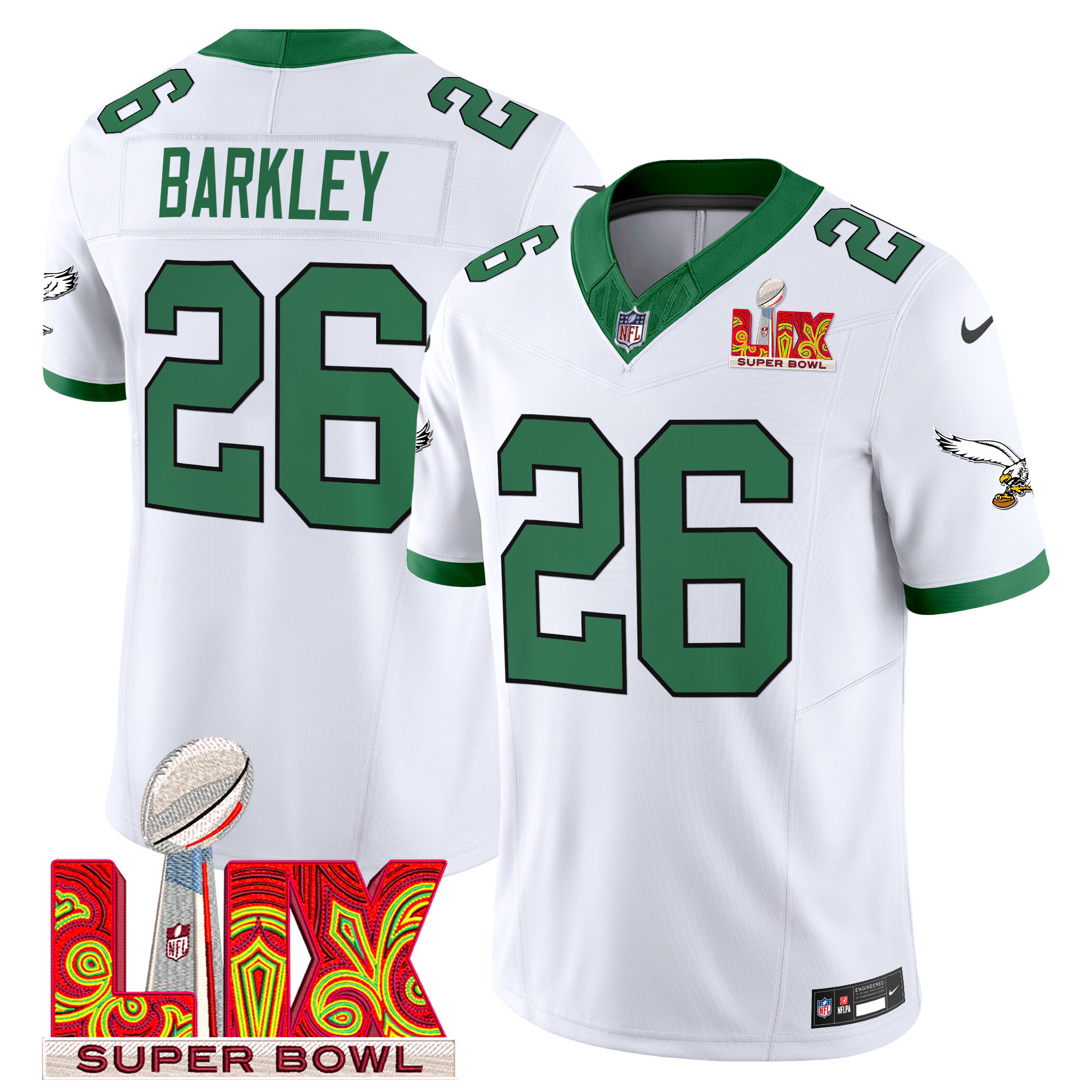Men's Saquon Barkley Philadelphia Eagles Super Bowl LIX Patch Vapor Limited Kelly White Jersey - All Stitched