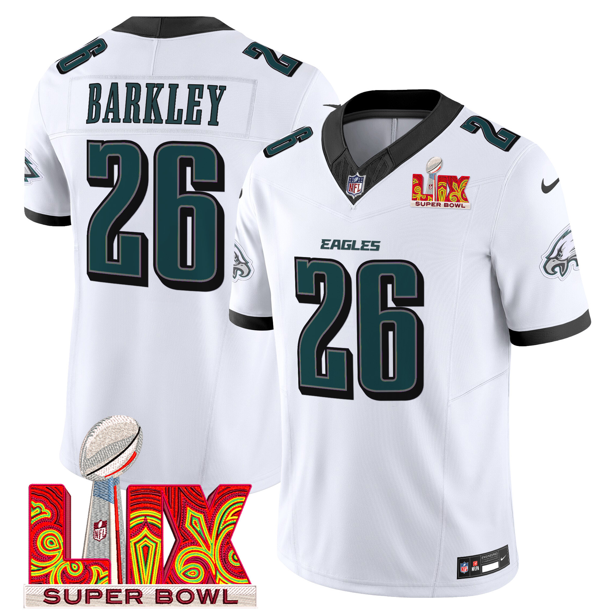 Men's Saquon Barkley Philadelphia Eagles Super Bowl LIX Patch Vapor Limited White Jersey - All Stitched