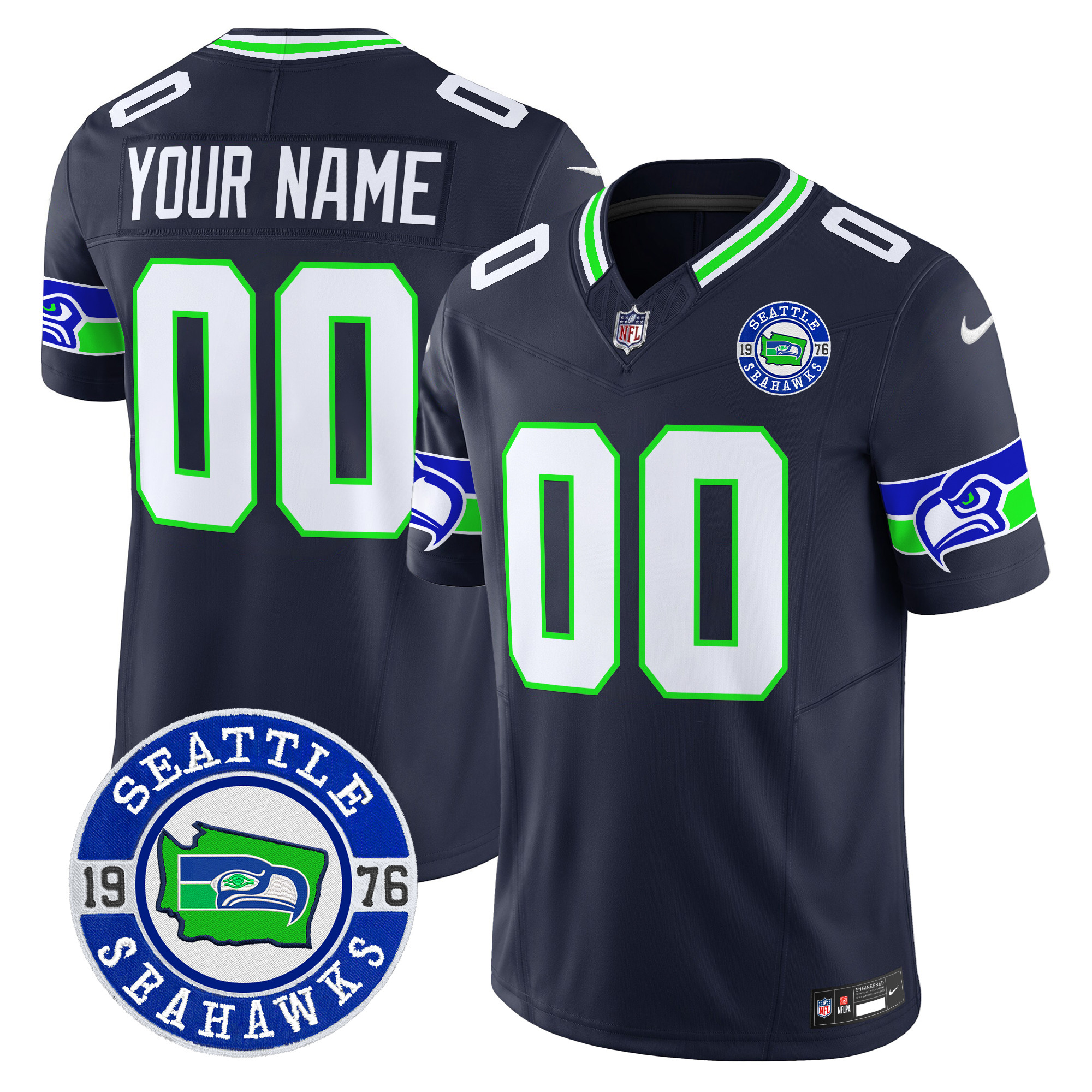 Men's Seattle Seahawks 2024 Seattle Est. 1976 Patch Vapor Limited Custom Navy Jersey - All Stitched