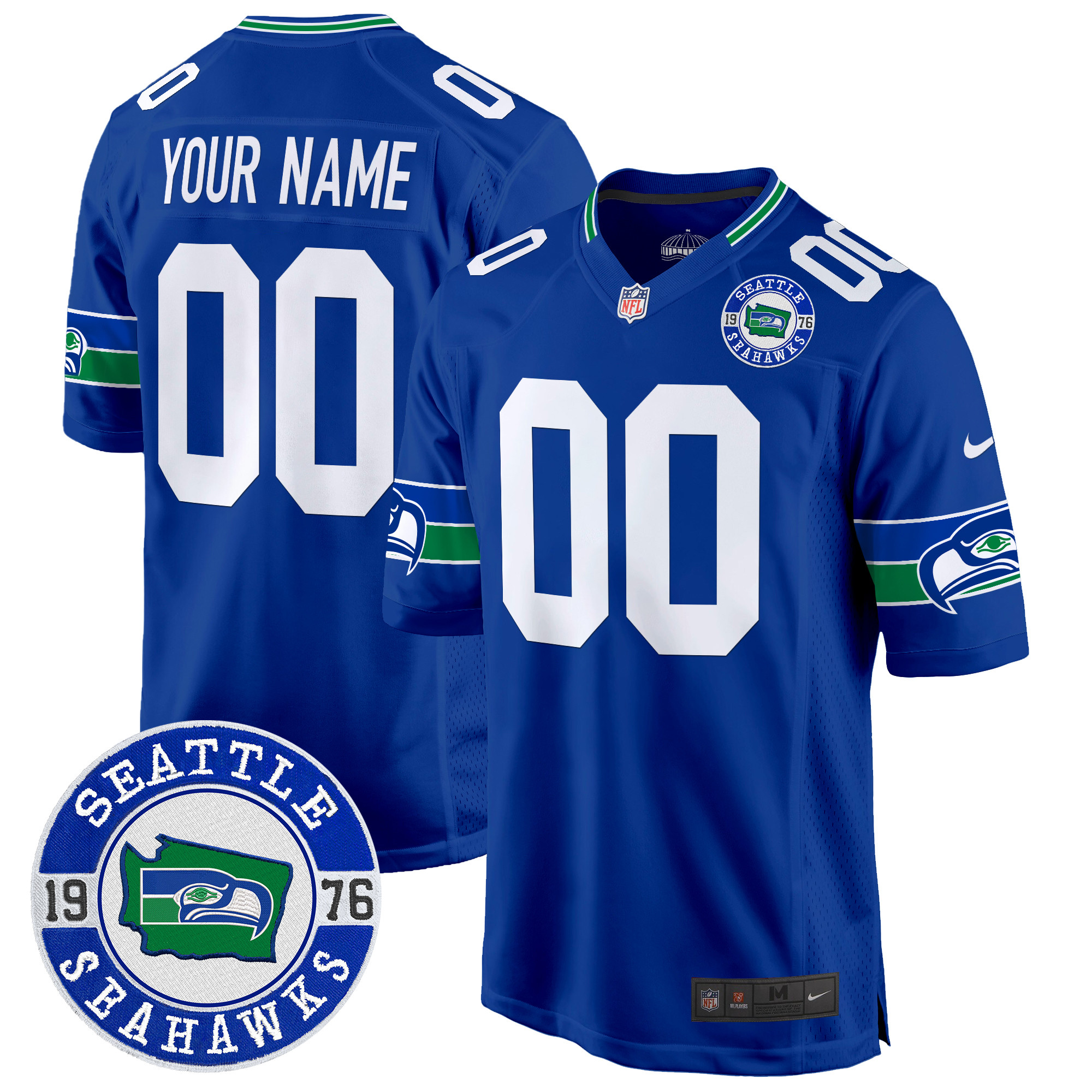 Men's Seattle Seahawks Throwback Est. 1976 Patch Game Custom Royal Jersey - All Stitched