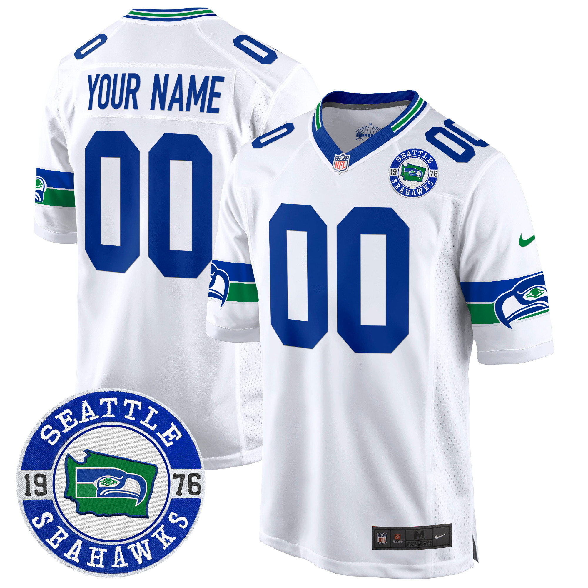 Men's Seattle Seahawks Throwback Est. 1976 Patch Game Custom White Jersey - All Stitched