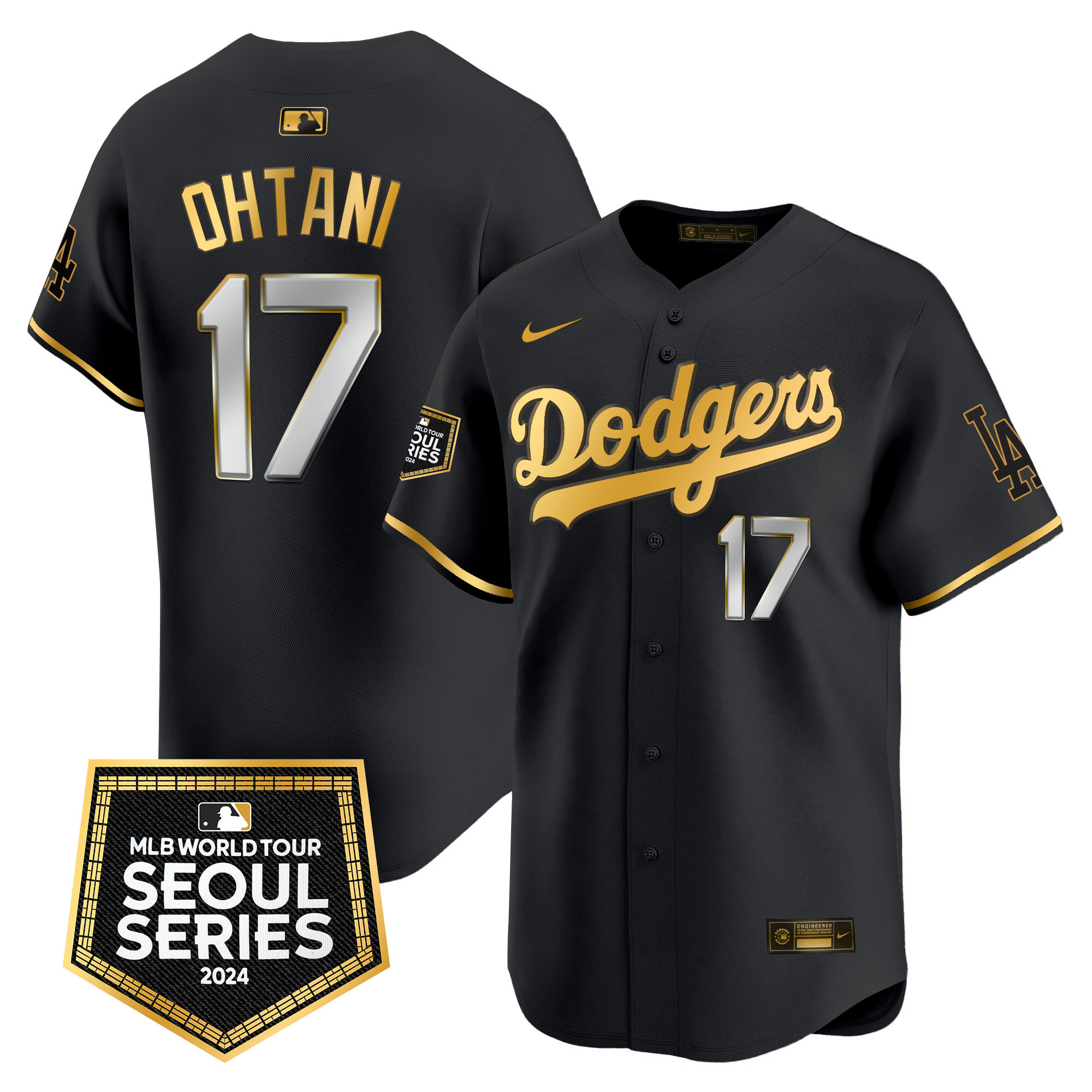 Men's Shohei Ohtani Los Angeles Dodgers 2024 World Tour Seoul Series Patch Vapor Premier Limited Black Gold Jersey - All Stitched