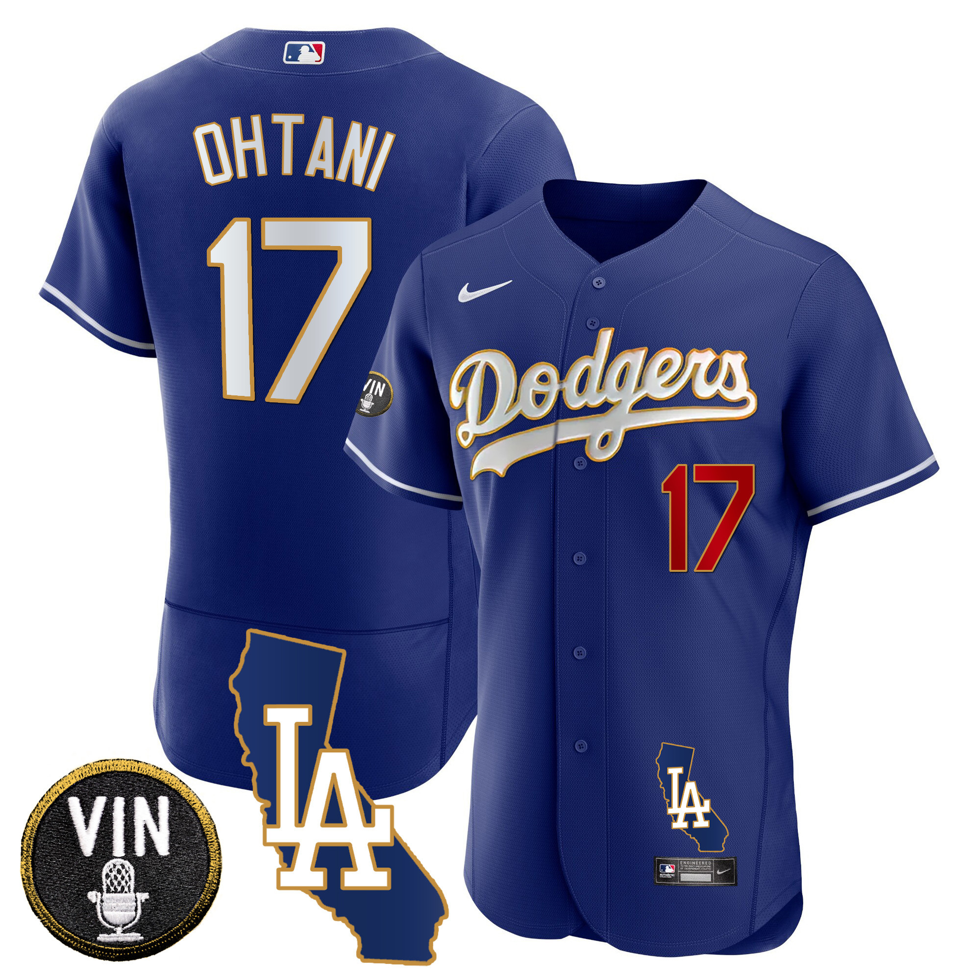 Men's Shohei Ohtani Los Angeles Dodgers California Patch Gold Trim Flex Base Royal Jersey - All Stitched