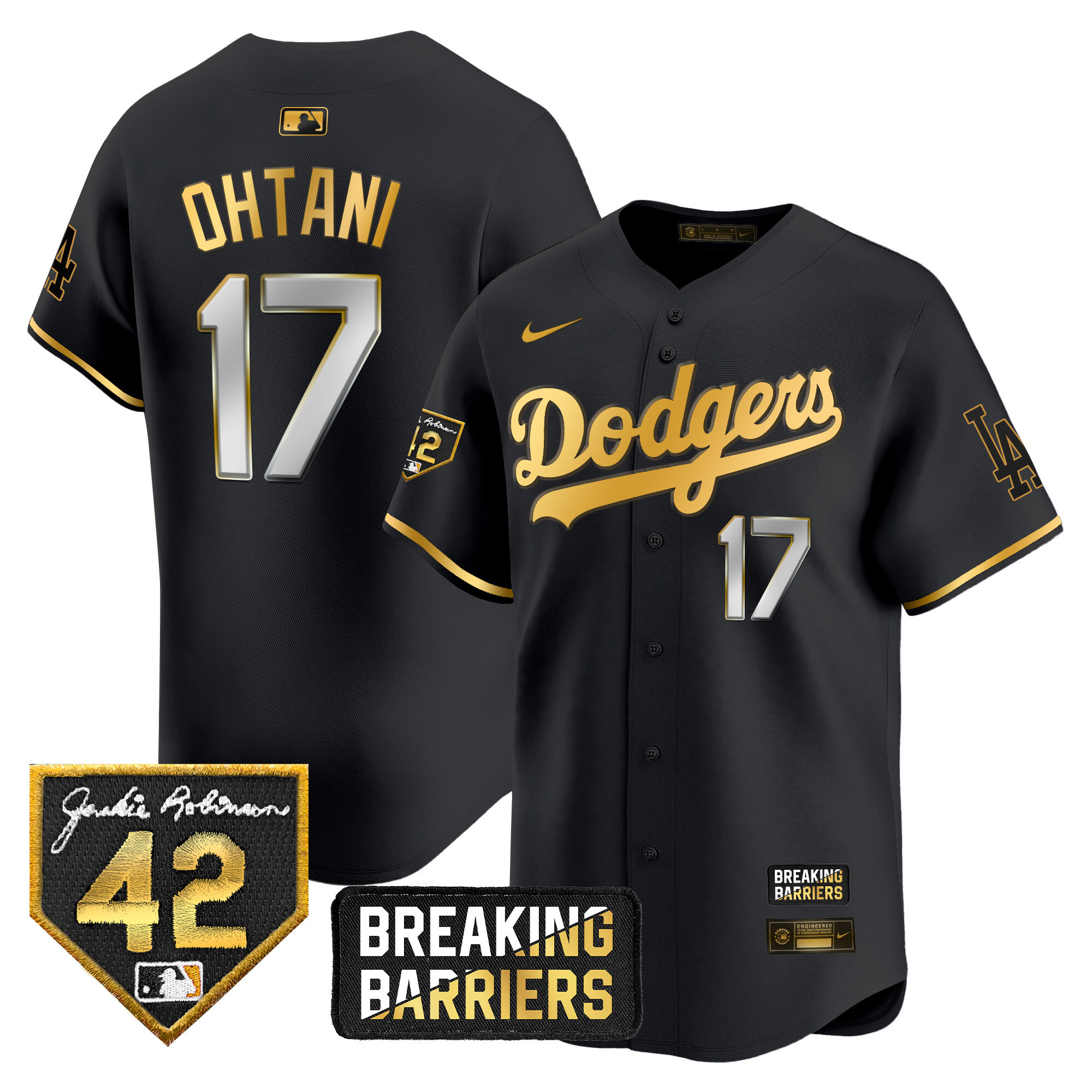 Men's Shohei Ohtani Los Angeles Dodgers Jackie Robinson Breaking Barriers Patch Vapor Premier Limited Black Gold Jersey - All Stitched