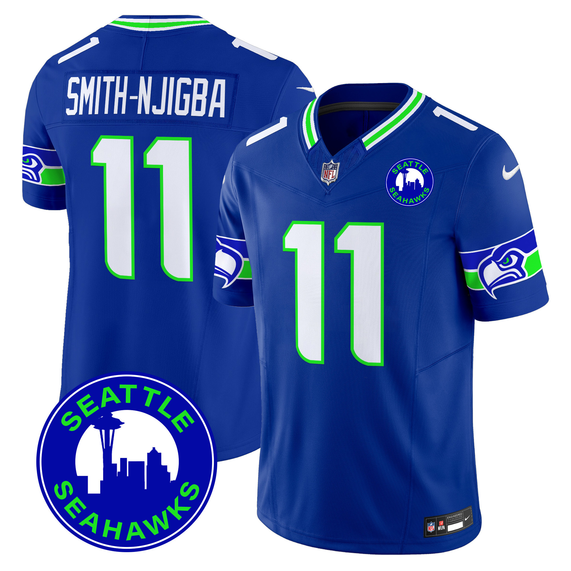 Men's Smith-Njigba Seattle Seahawks 2024 Seattle City Patch Vapor Limited Royal Jersey - All Stitched