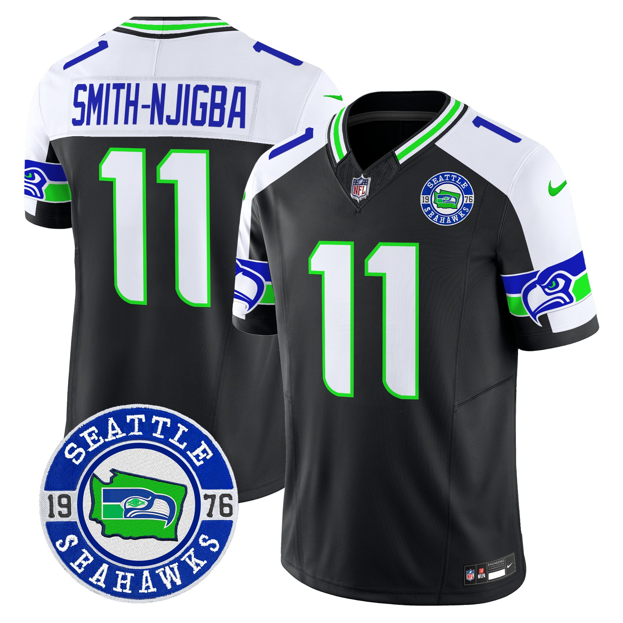 Men's Smith-Njigba Seattle Seahawks 2024 Seattle Est. 1976 Patch Vapor Limited Black Alternate Jersey - All Stitched