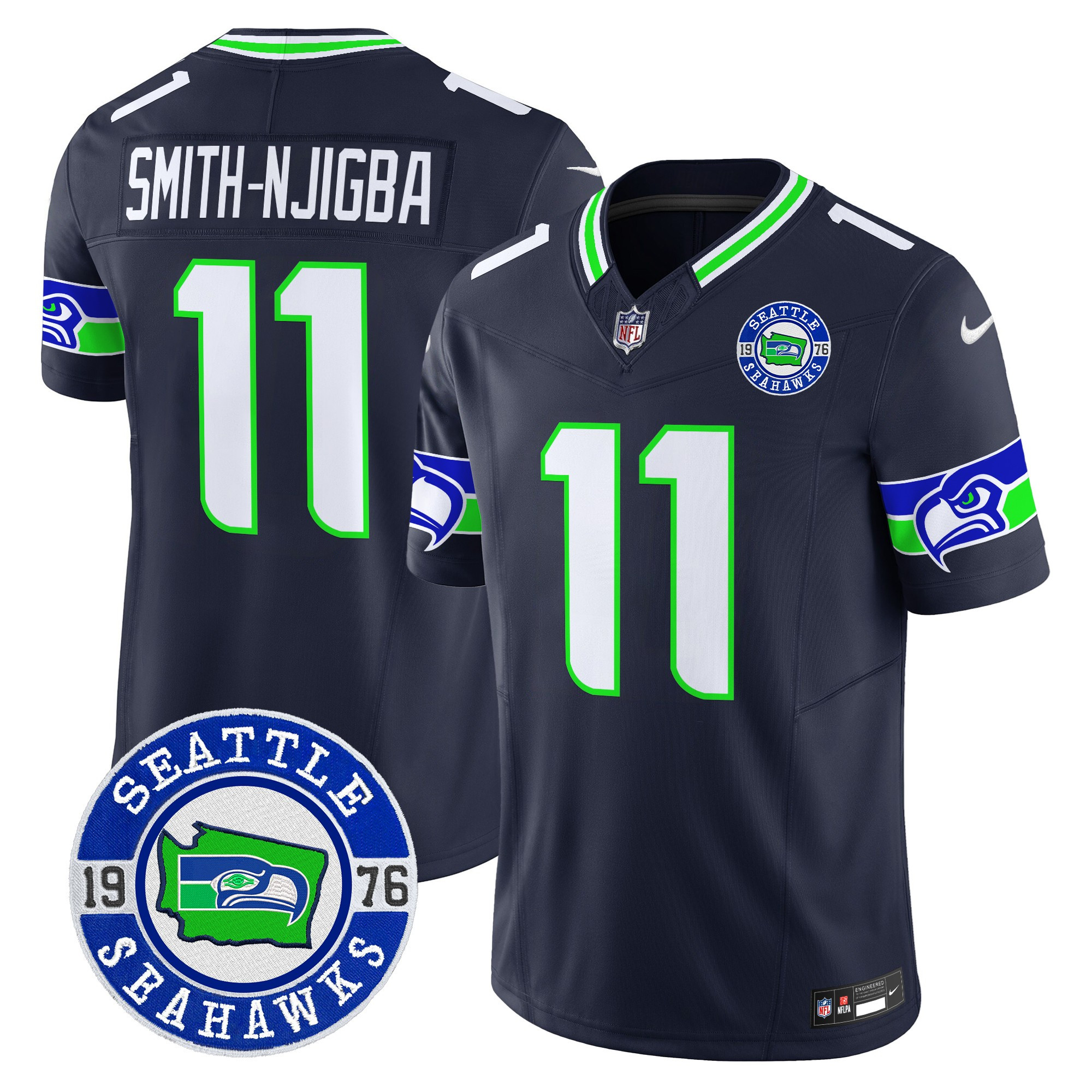 Men's Smith-Njigba Seattle Seahawks 2024 Seattle Est. 1976 Patch Vapor Limited Navy Jersey - All Stitched