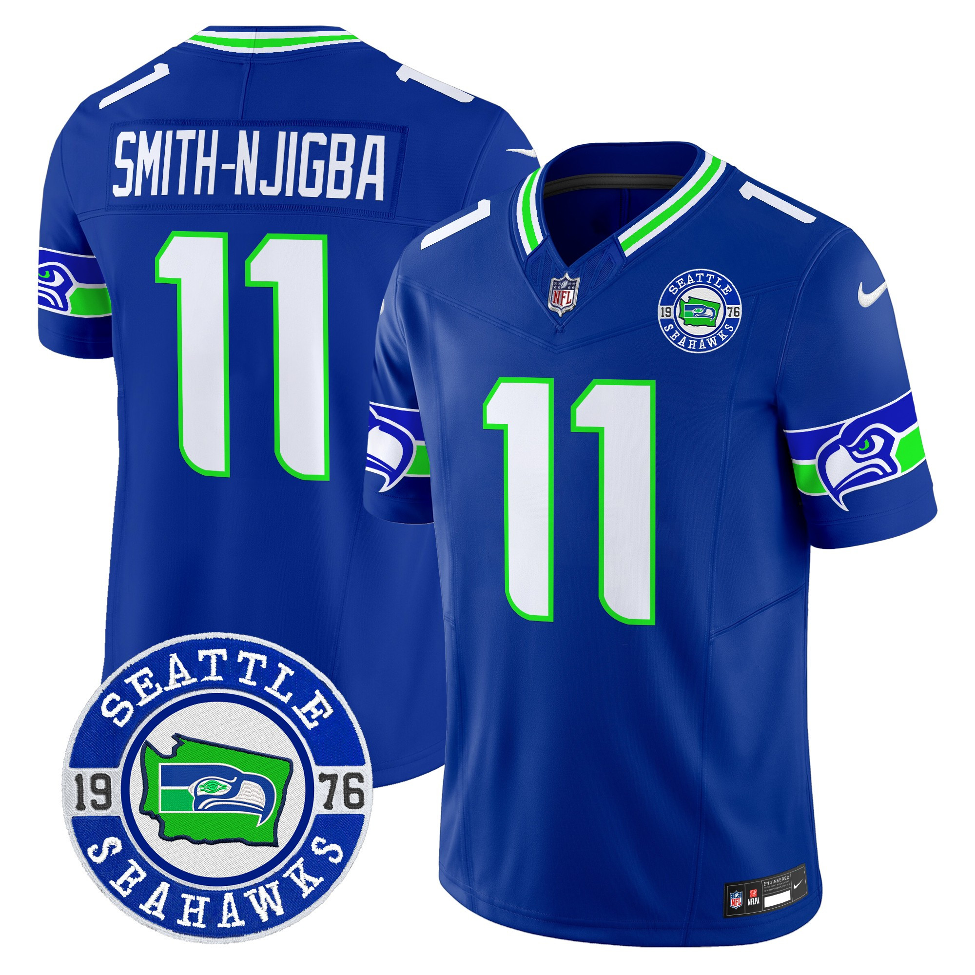 Men's Smith-Njigba Seattle Seahawks 2024 Seattle Est. 1976 Patch Vapor Limited Royal Jersey - All Stitched