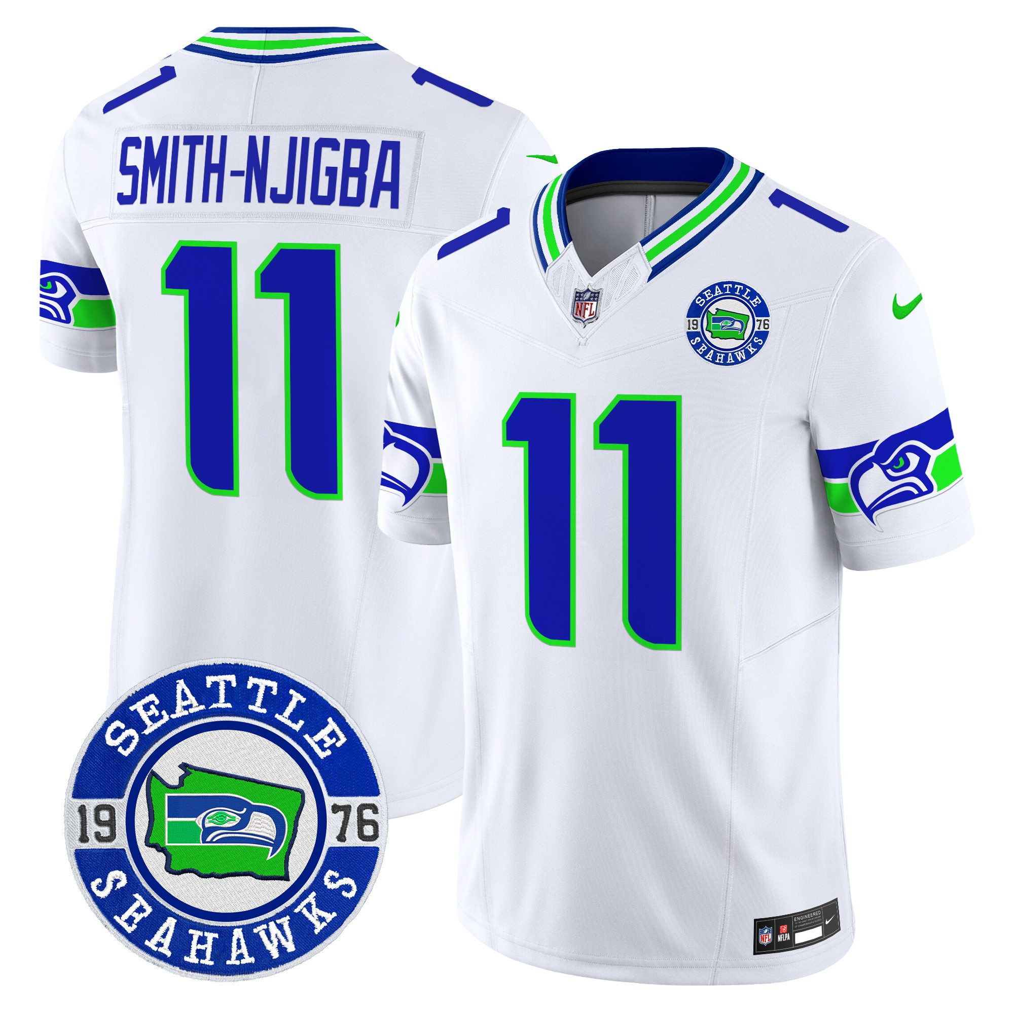 Men's Smith-Njigba Seattle Seahawks 2024 Seattle Est. 1976 Patch Vapor Limited White Jersey - All Stitched