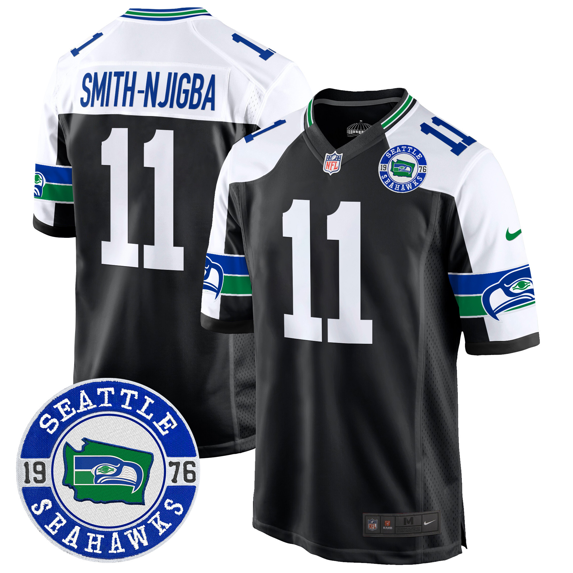 Men's Smith-Njigba Seattle Seahawks Throwback Est. 1976 Patch Game Black Alternate Jersey - All Stitched