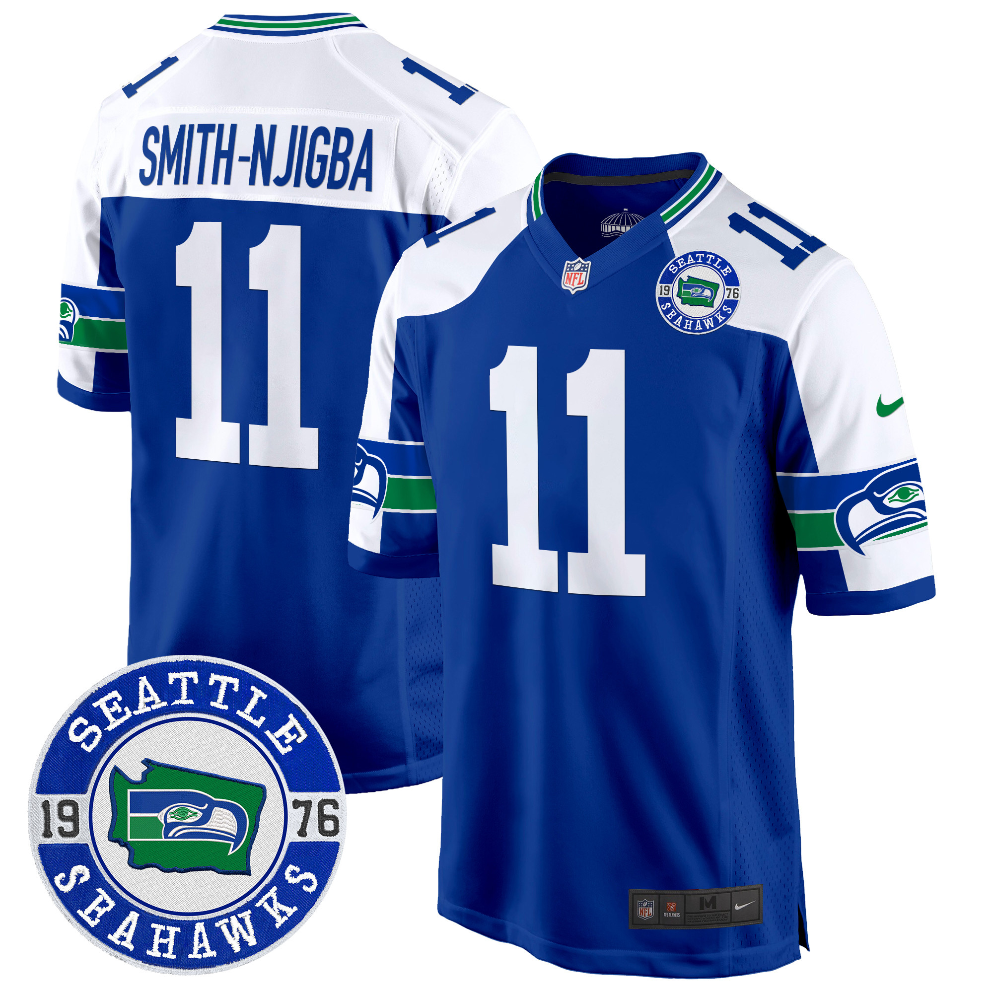 Men's Smith-Njigba Seattle Seahawks Throwback Est. 1976 Patch Game Royal Alternate Jersey - All Stitched