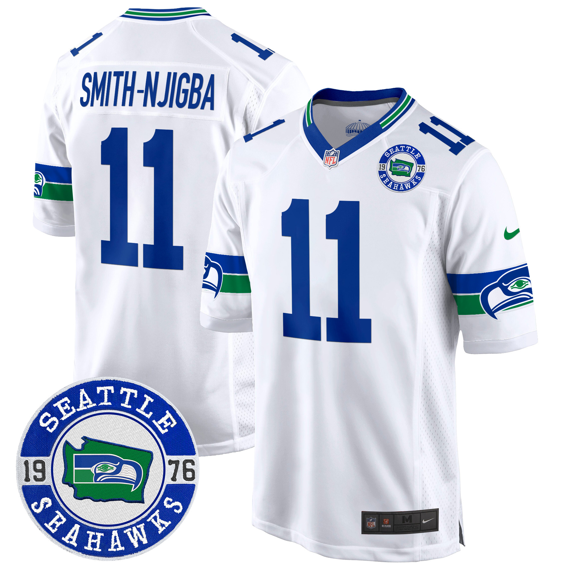 Men's Smith-Njigba Seattle Seahawks Throwback Est. 1976 Patch Game White Jersey - All Stitched