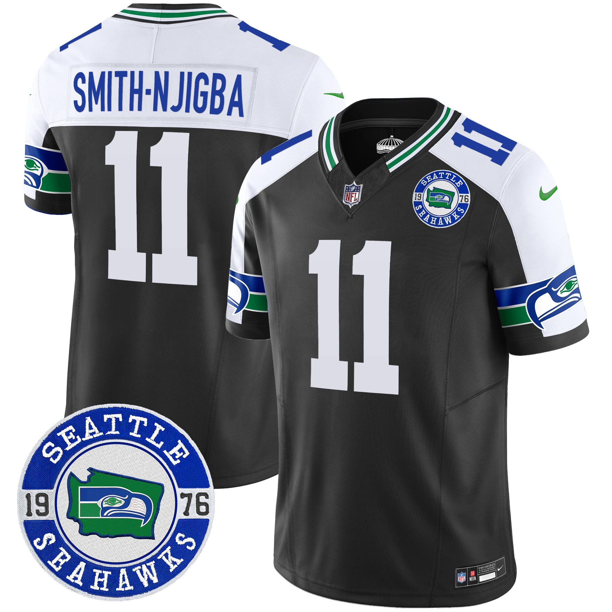 Men's Smith-Njigba Seattle Seahawks Throwback Est. 1976 Patch Vapor Limited Black Alternate Jersey - All Stitched