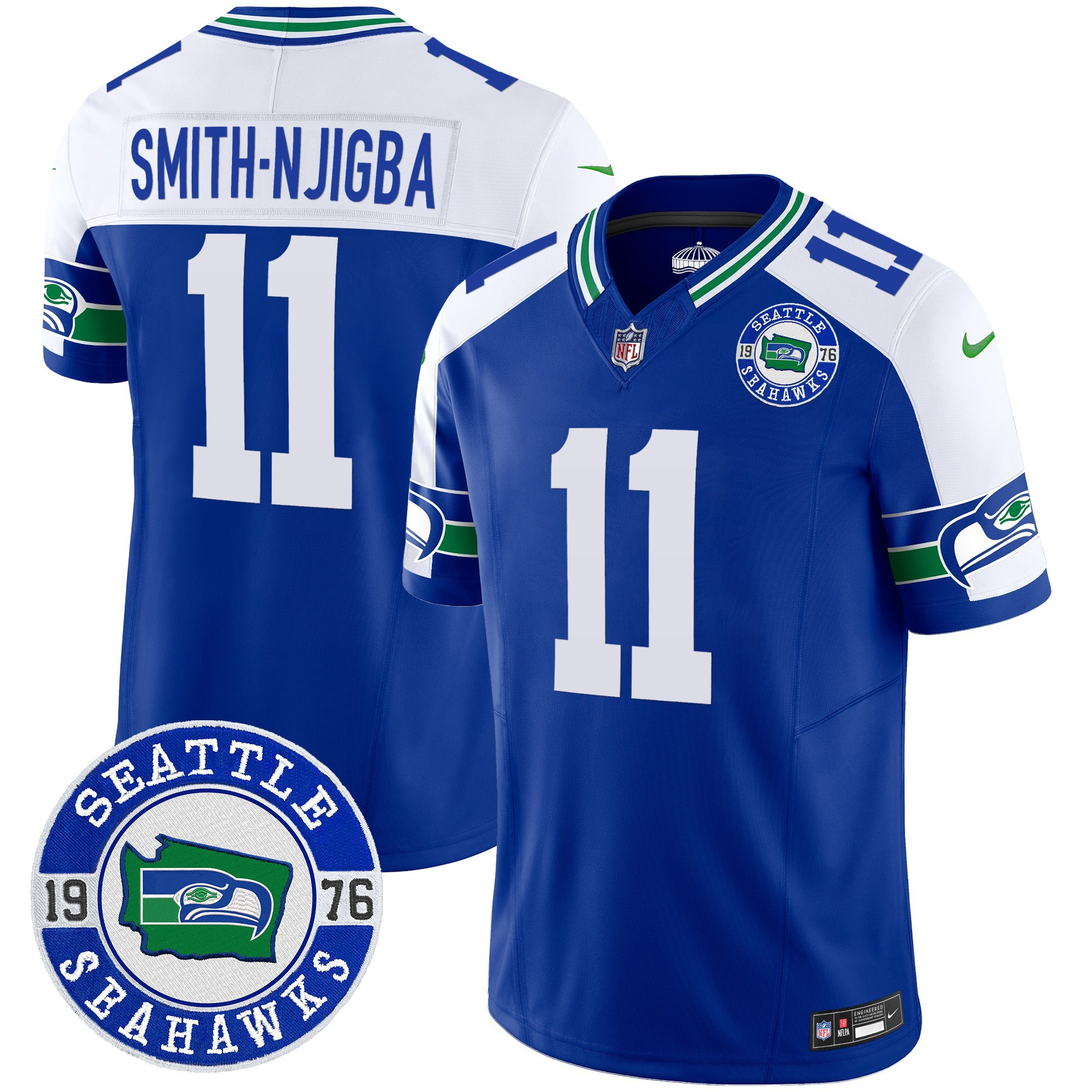 Men's Smith-Njigba Seattle Seahawks Throwback Est. 1976 Patch Vapor Limited Royal Alternate Jersey - All Stitched