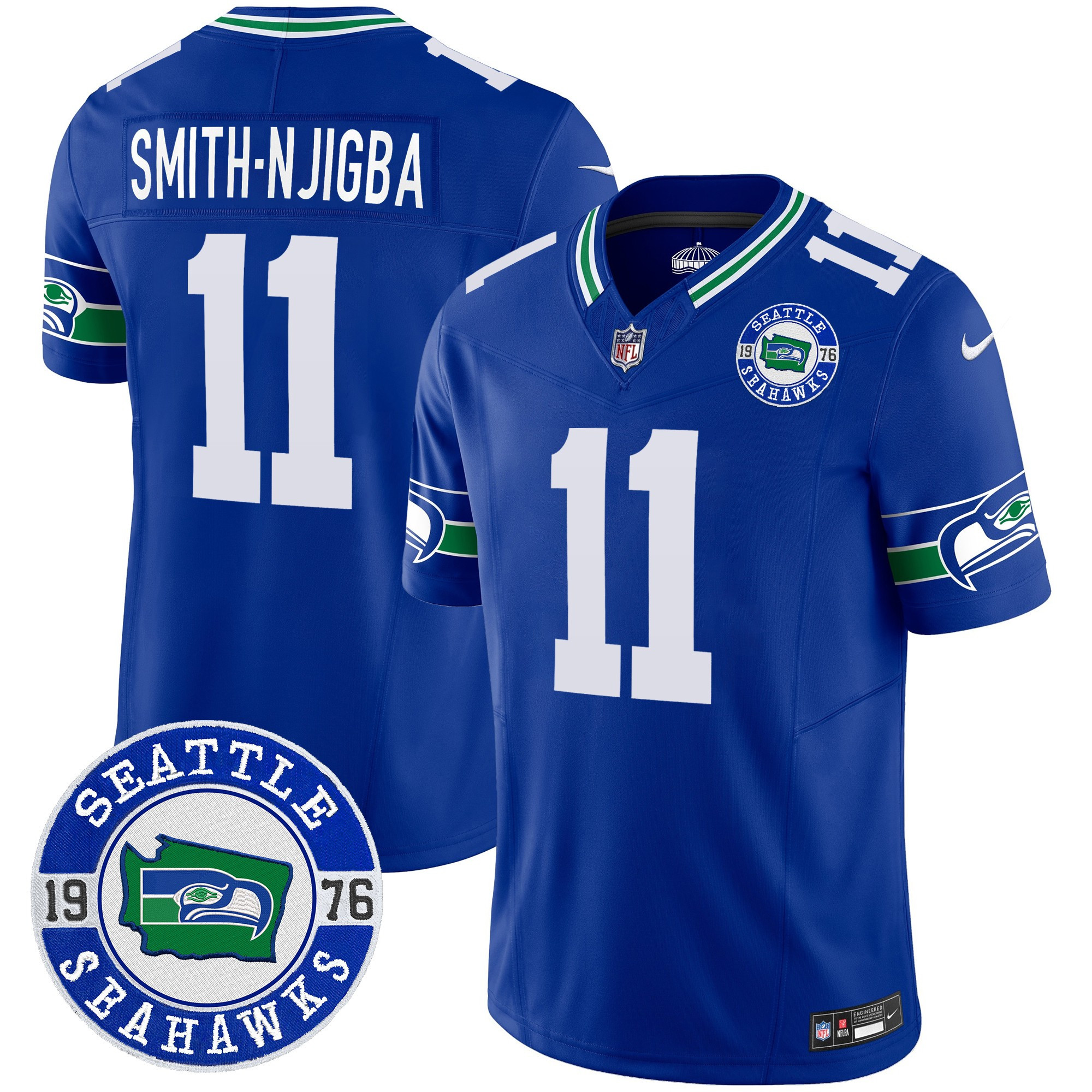 Men's Smith-Njigba Seattle Seahawks Throwback Est. 1976 Patch Vapor Limited Royal Jersey - All Stitched