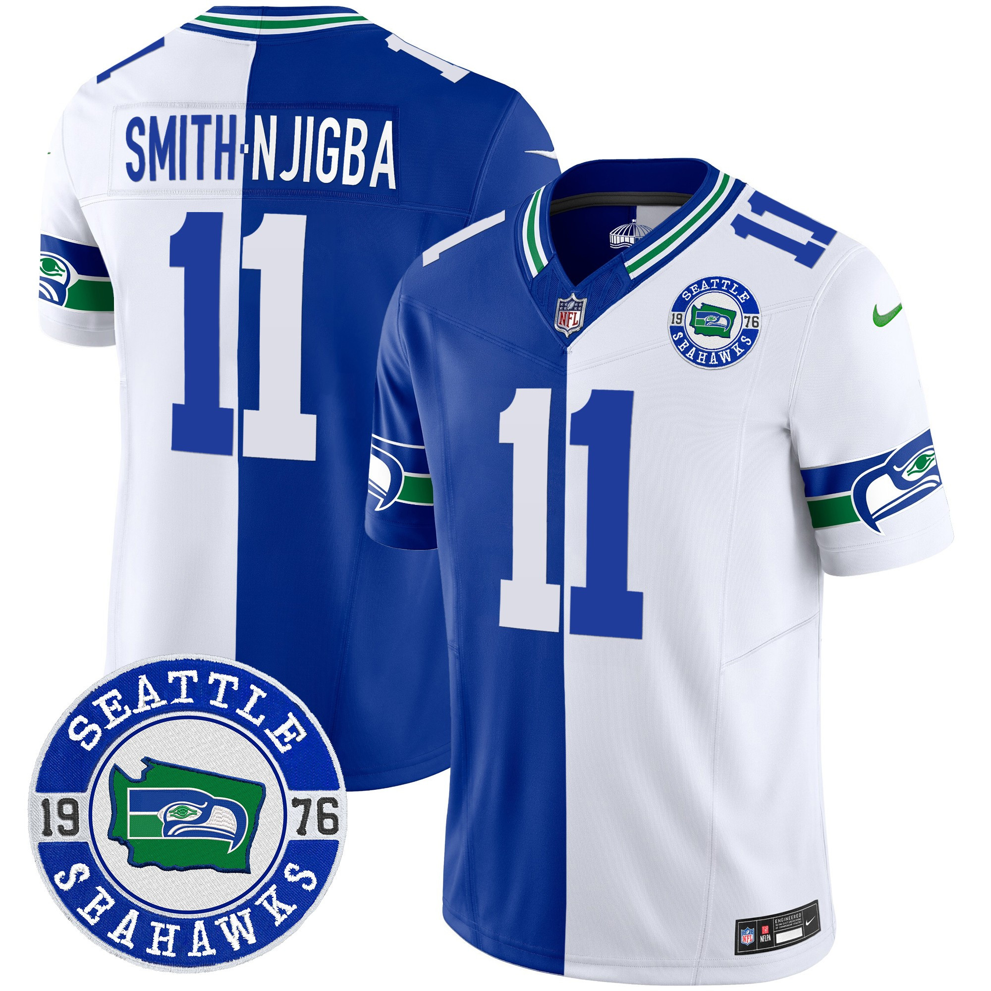 Men's Smith-Njigba Seattle Seahawks Throwback Est. 1976 Patch Vapor Limited Split Jersey - All Stitched