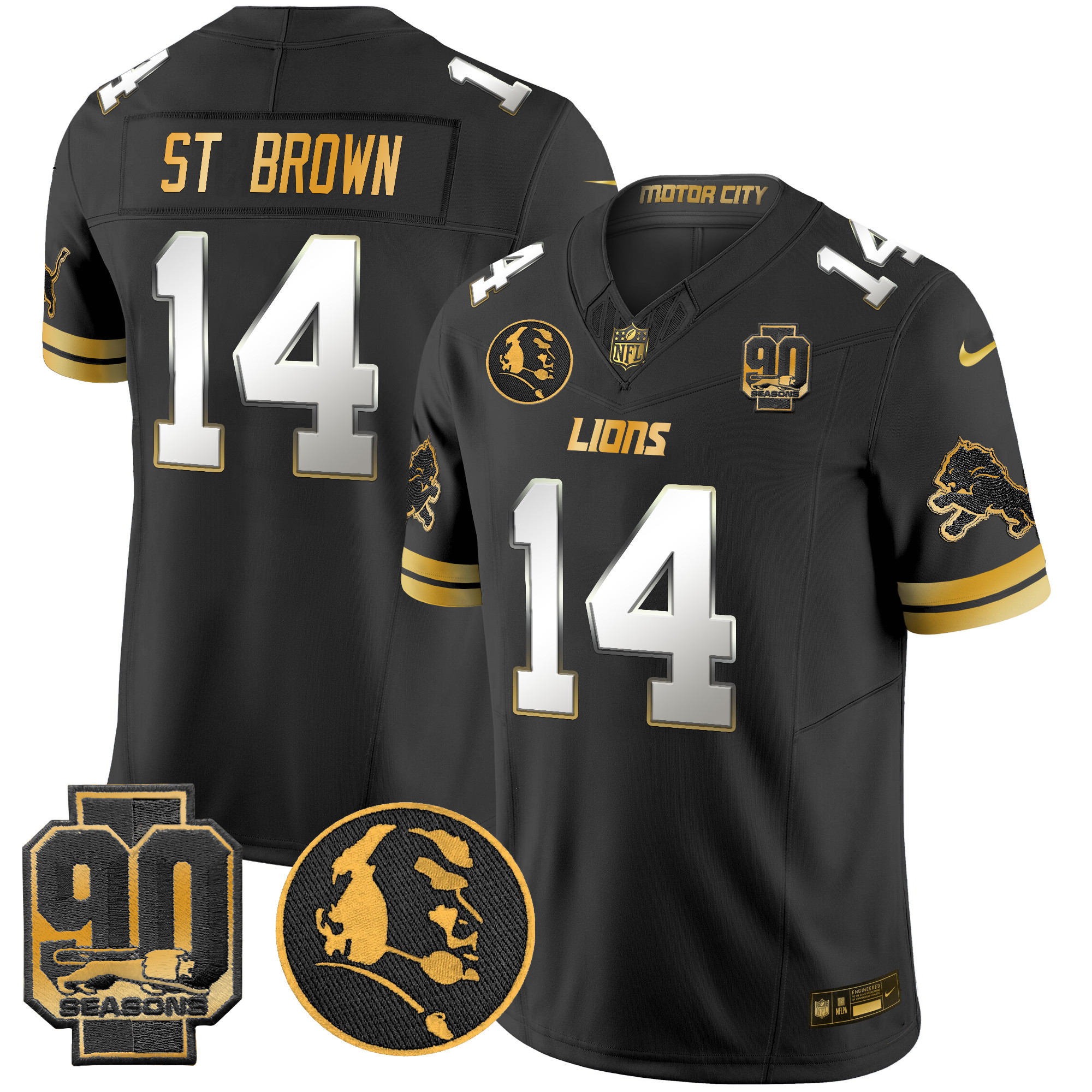 Men's St. Brown Detroit Lions 2024 90th & John Madden Patch Gold Vapor Limited Black Limited Jersey - All Stitched