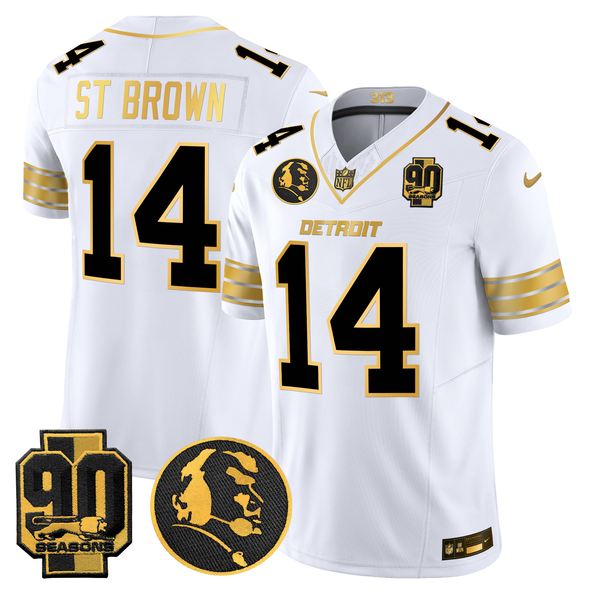 Men's St. Brown Detroit Lions 2024 90th & John Madden Patch Gold Vapor Limited White Gold Jersey - All Stitched