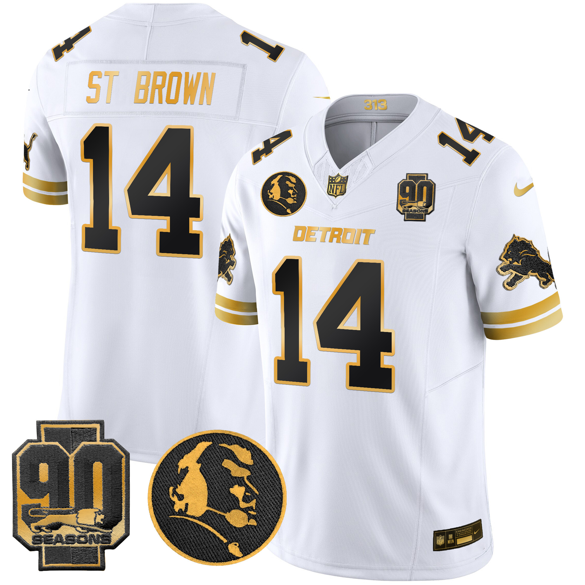 Men's St. Brown Detroit Lions 2024 90th & John Madden Patch Gold Vapor Limited White Gold Jersey - All Stitched