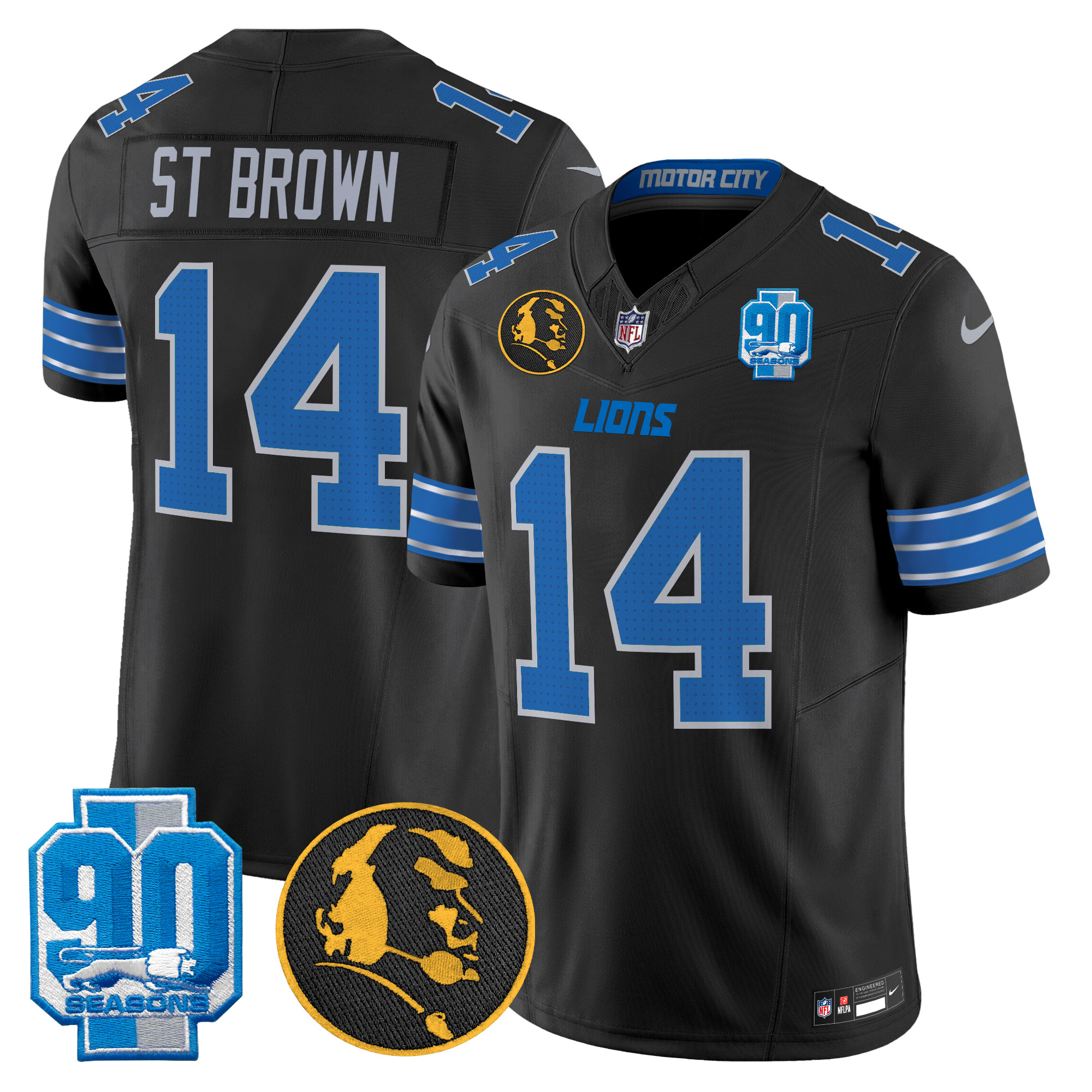 Men's St. Brown Detroit Lions 2024 90th & John Madden Patch Vapor Limited Black Jersey - All Stitched