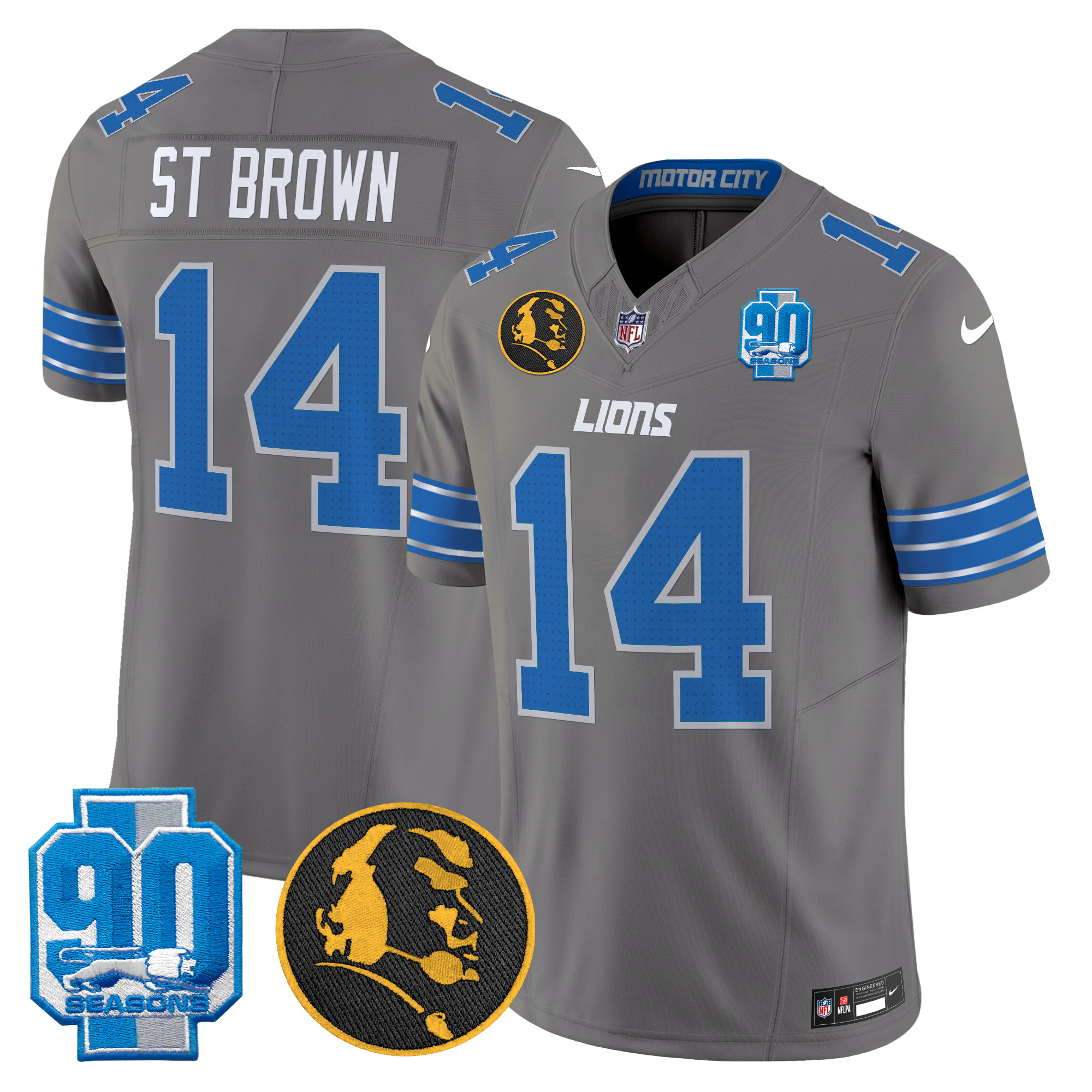 Men's St. Brown Detroit Lions 2024 90th & John Madden Patch Vapor Limited Gray Jersey - All Stitched