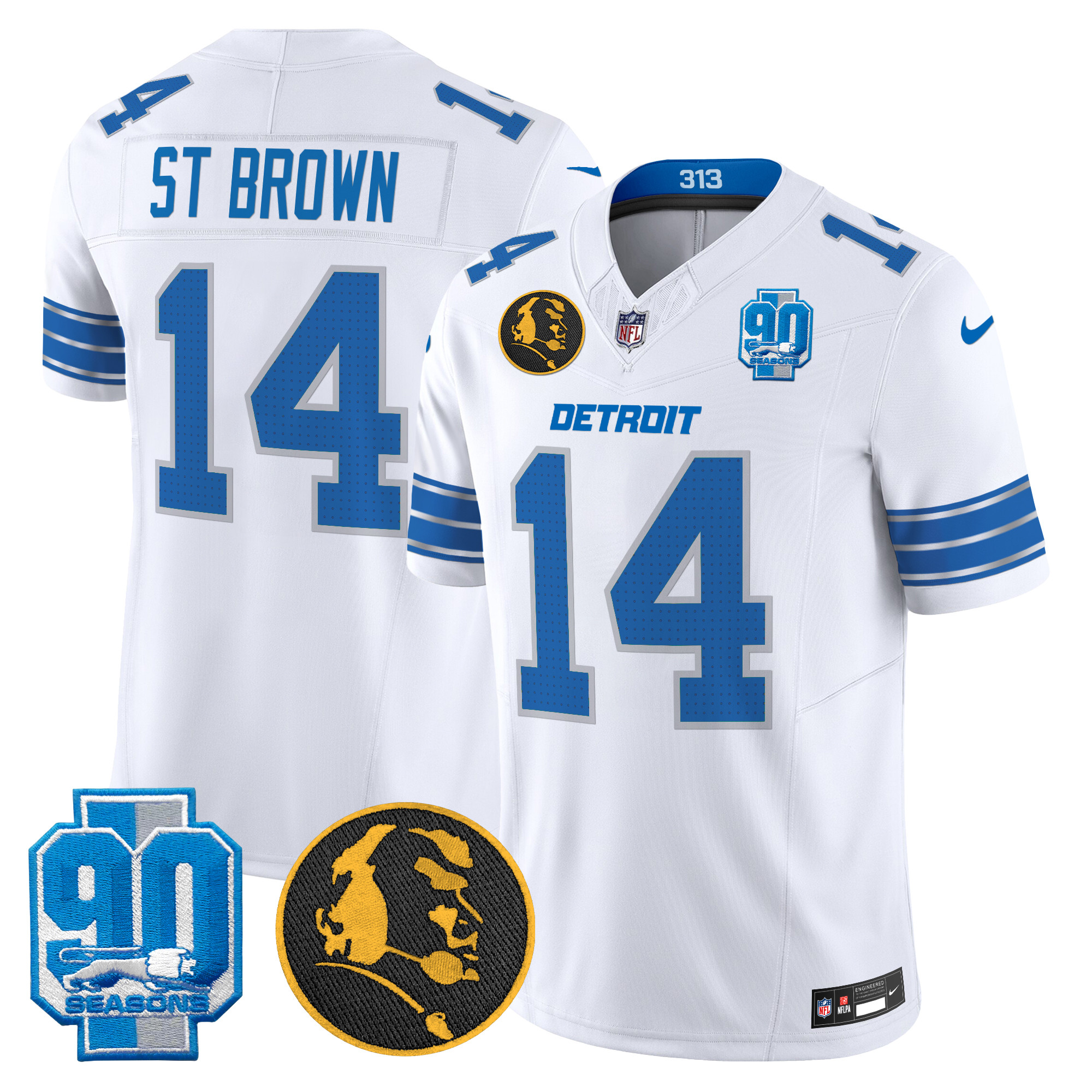 Men's St. Brown Detroit Lions 2024 90th & John Madden Patch Vapor Limited White Jersey - All Stitched