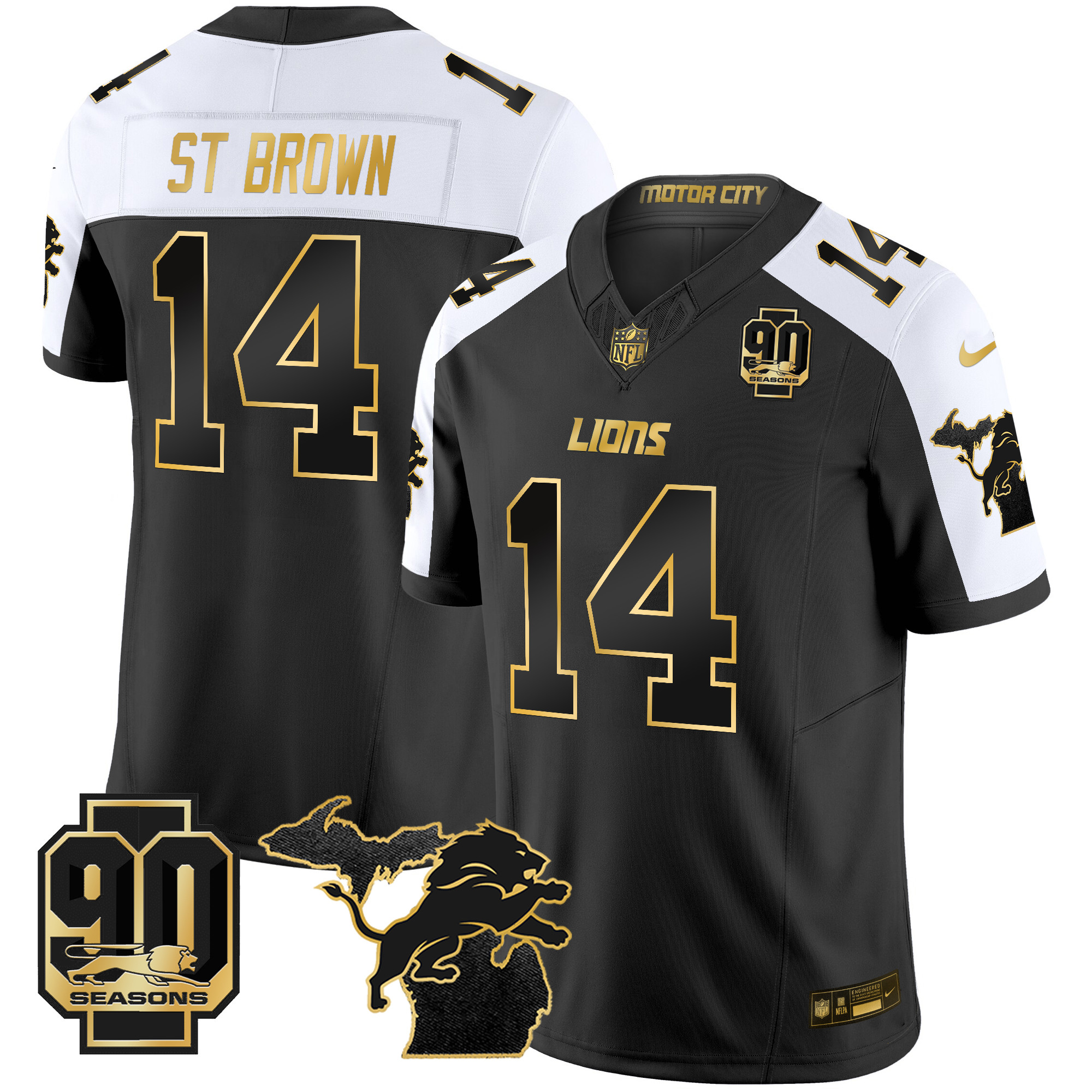Men's St. Brown Detroit Lions 2024 Michigan & 90th Season Patch Gold Vapor Limited Alternate Jersey - All Stitched