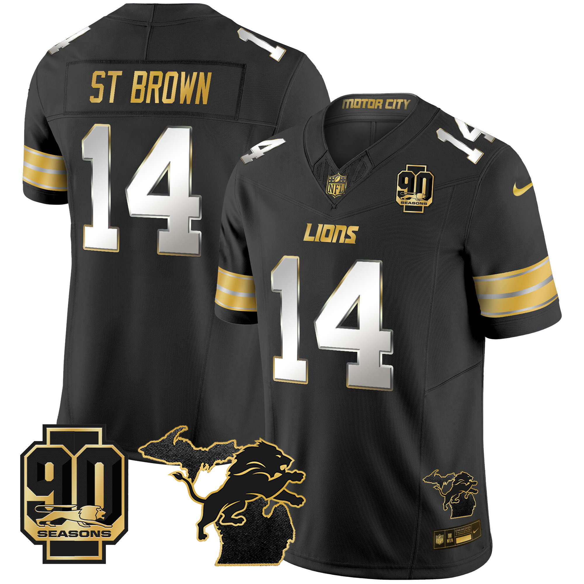 Men's St. Brown Detroit Lions 2024 Michigan & 90th Season Patch Gold Vapor Limited Black Limited Jersey - All Stitched