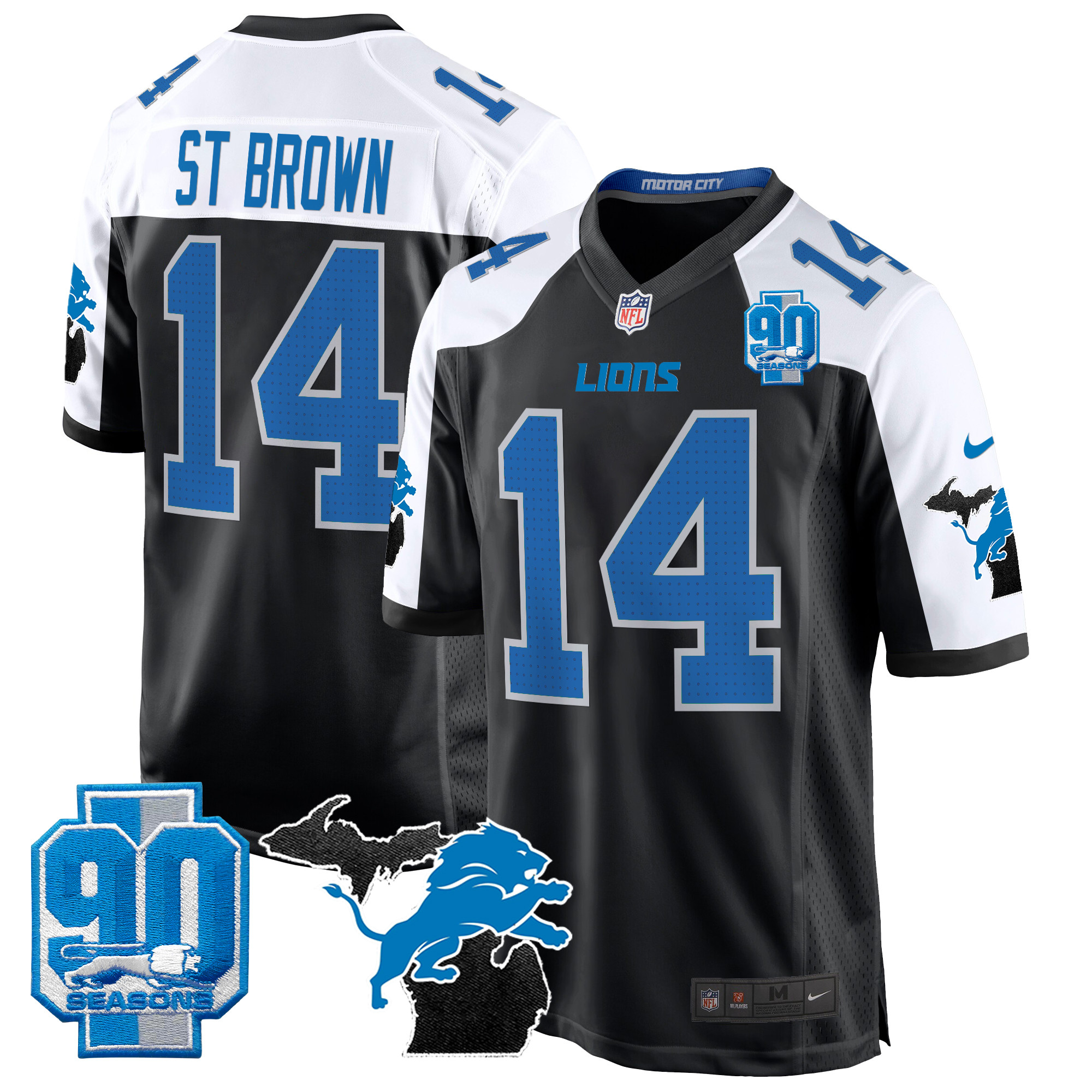 Men's St. Brown Detroit Lions 2024 Michigan & 90th Year Patch Game Alternate Jersey - All Stitched