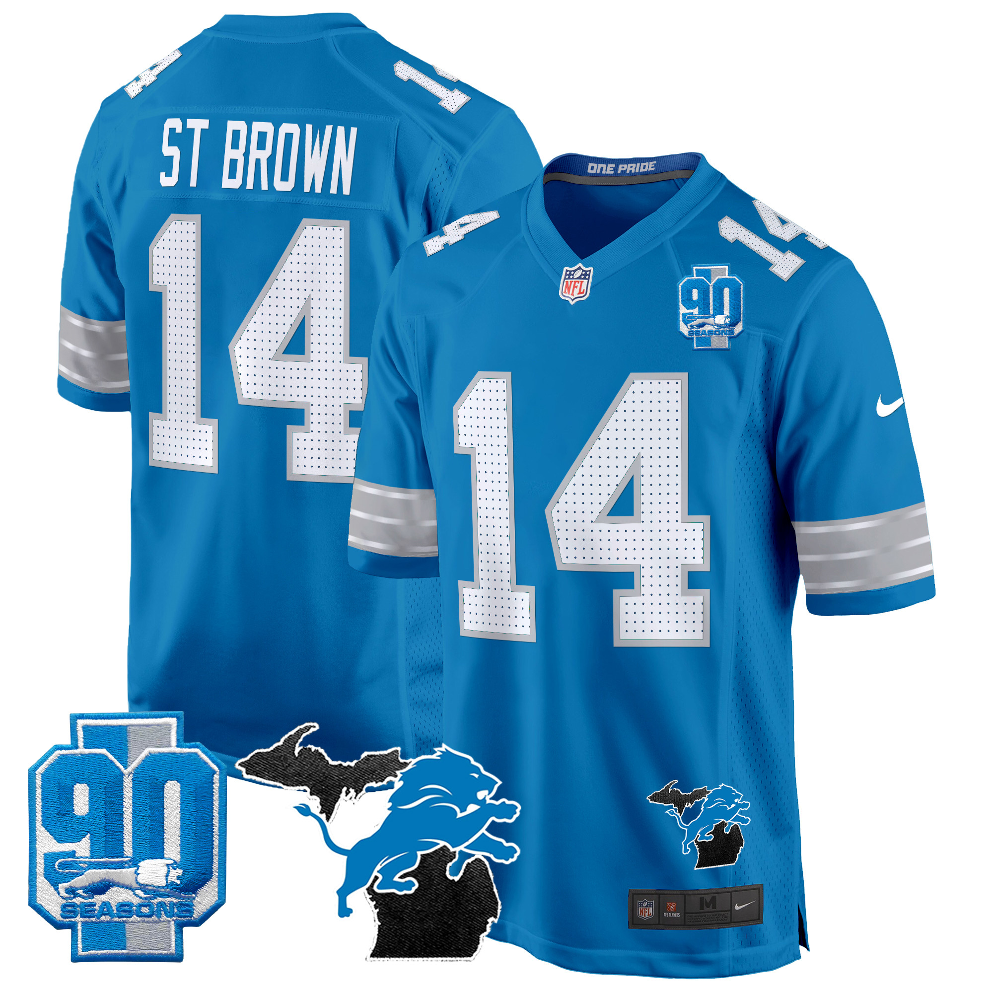 Men's St. Brown Detroit Lions 2024 Michigan & 90th Year Patch Game Blue Jersey - All Stitched