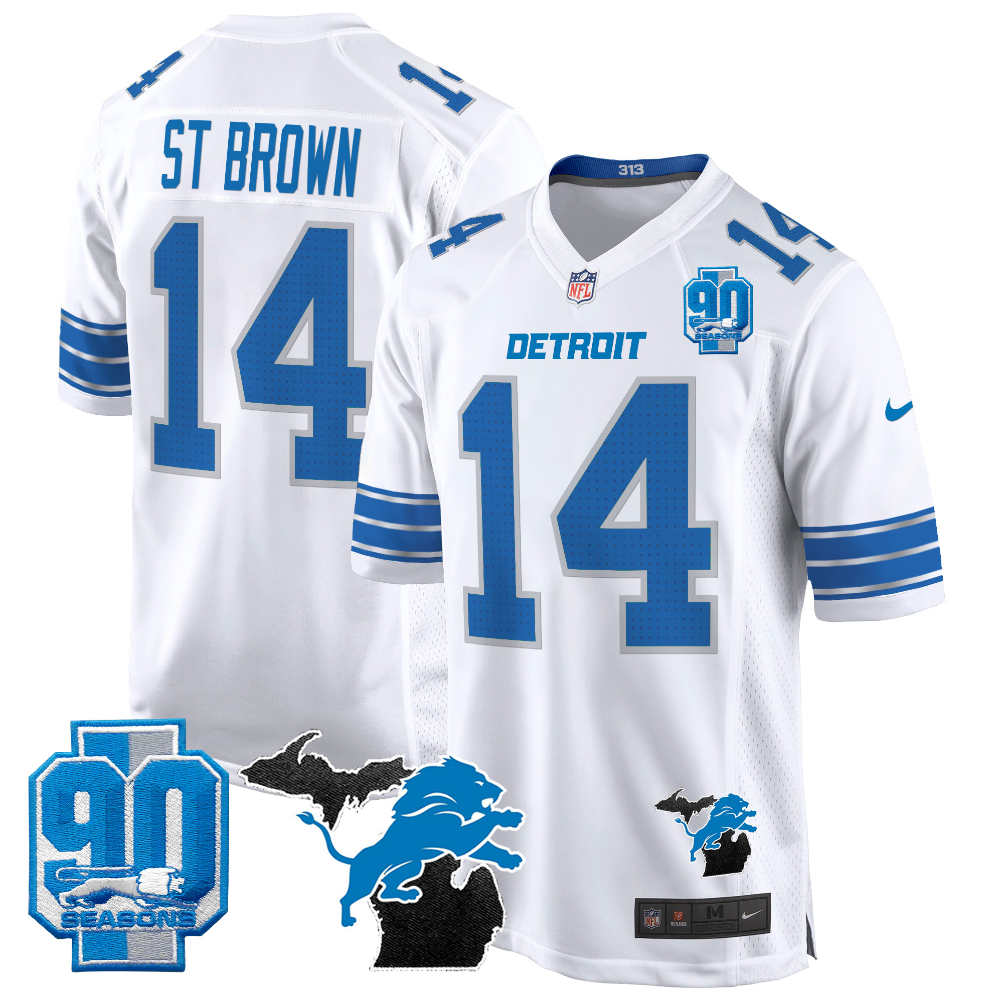 Men's St. Brown Detroit Lions 2024 Michigan & 90th Year Patch Game White Jersey - All Stitched