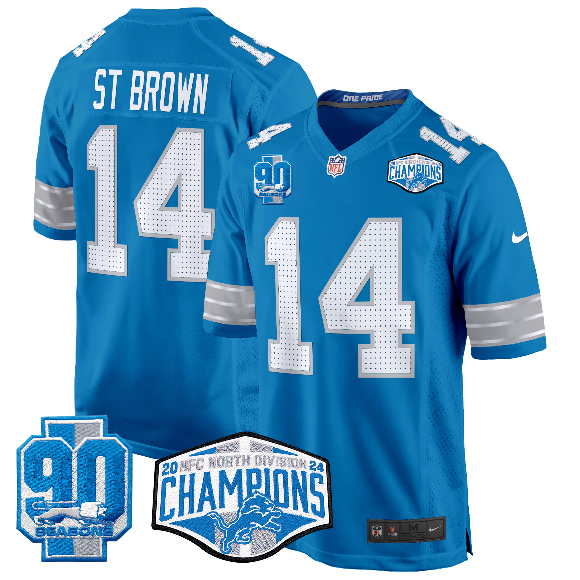 Men's St. Brown Detroit Lions 2024 NFC North Division Champions Patch Game Blue Jersey - All Stitched
