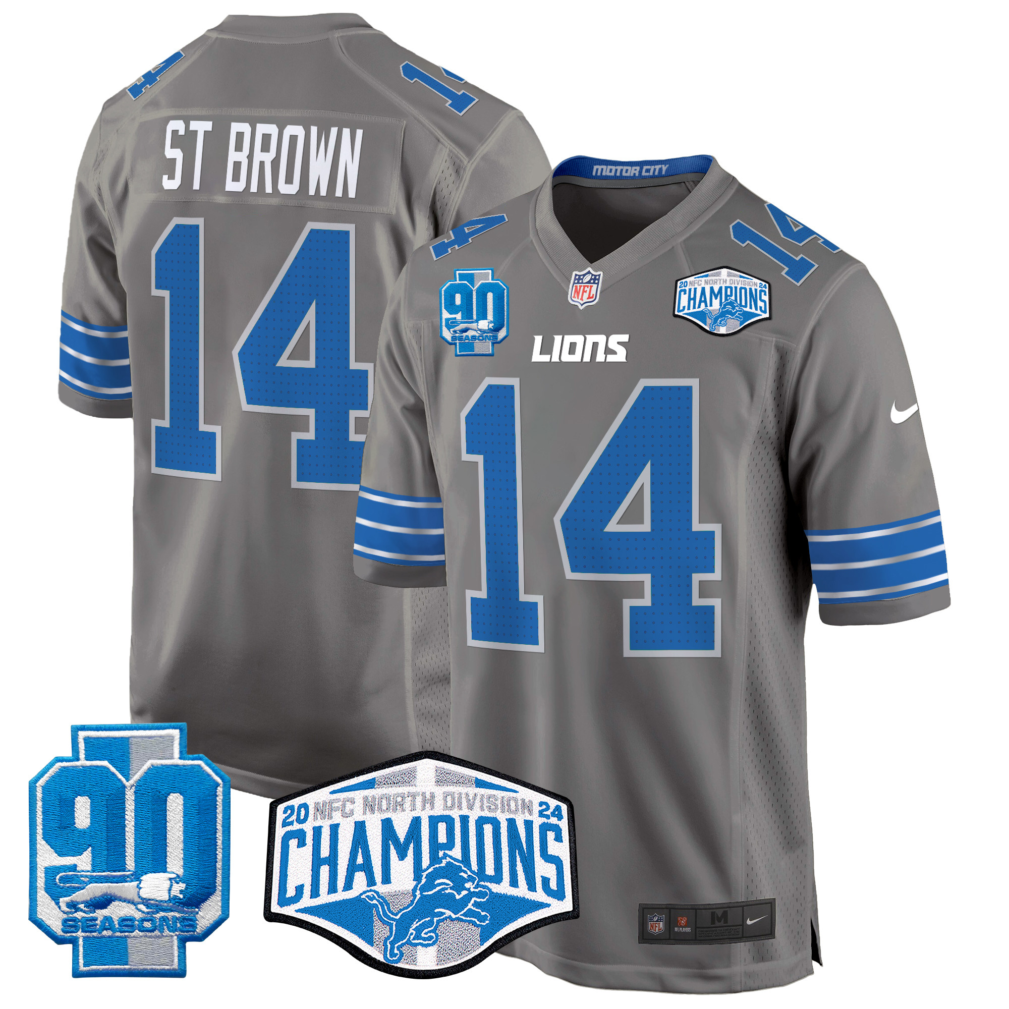 Men's St. Brown Detroit Lions 2024 NFC North Division Champions Patch Game Gray Jersey - All Stitched