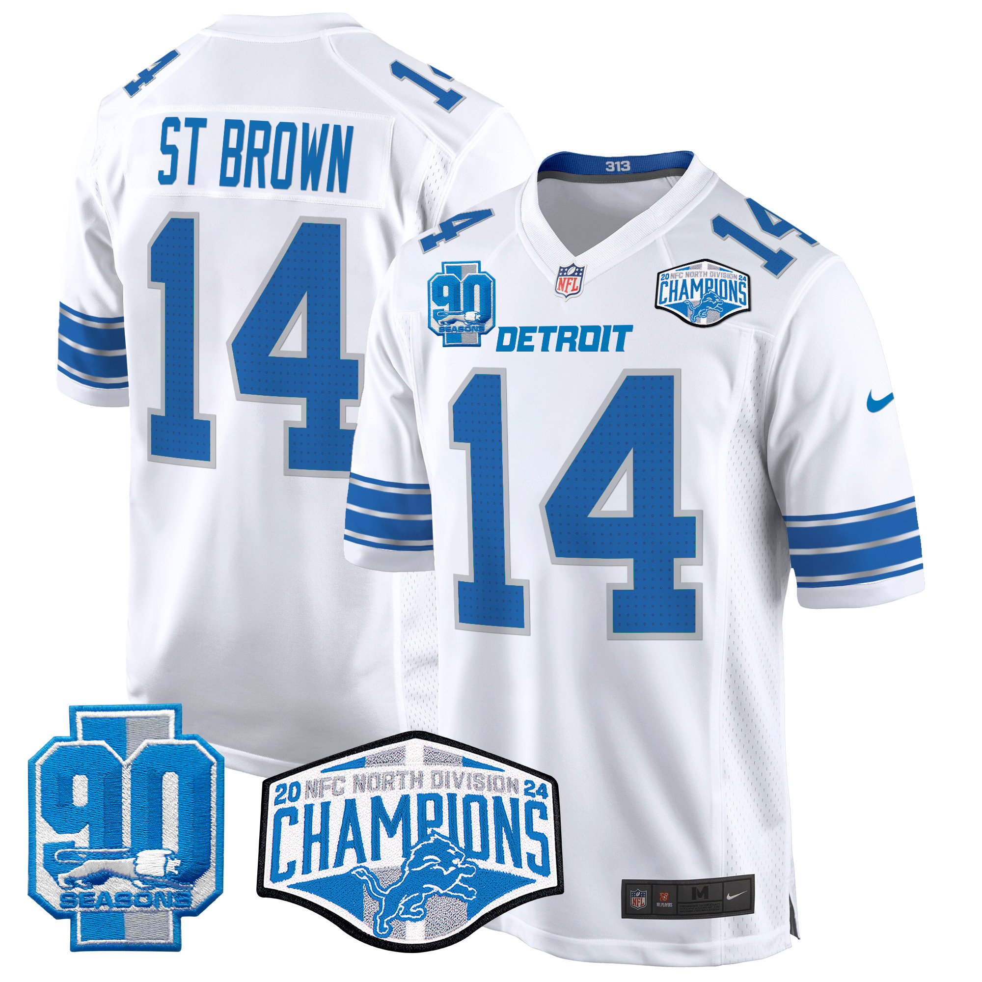 Men's St. Brown Detroit Lions 2024 NFC North Division Champions Patch Game White Jersey - All Stitched