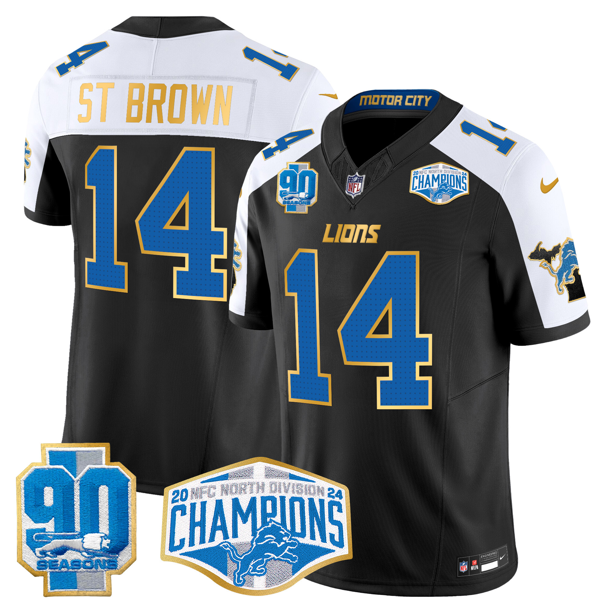 Men's St. Brown Detroit Lions 2024 NFC North Division Champions Patch Gold Trim Vapor Limited Black Alternate Jersey - All Stitched