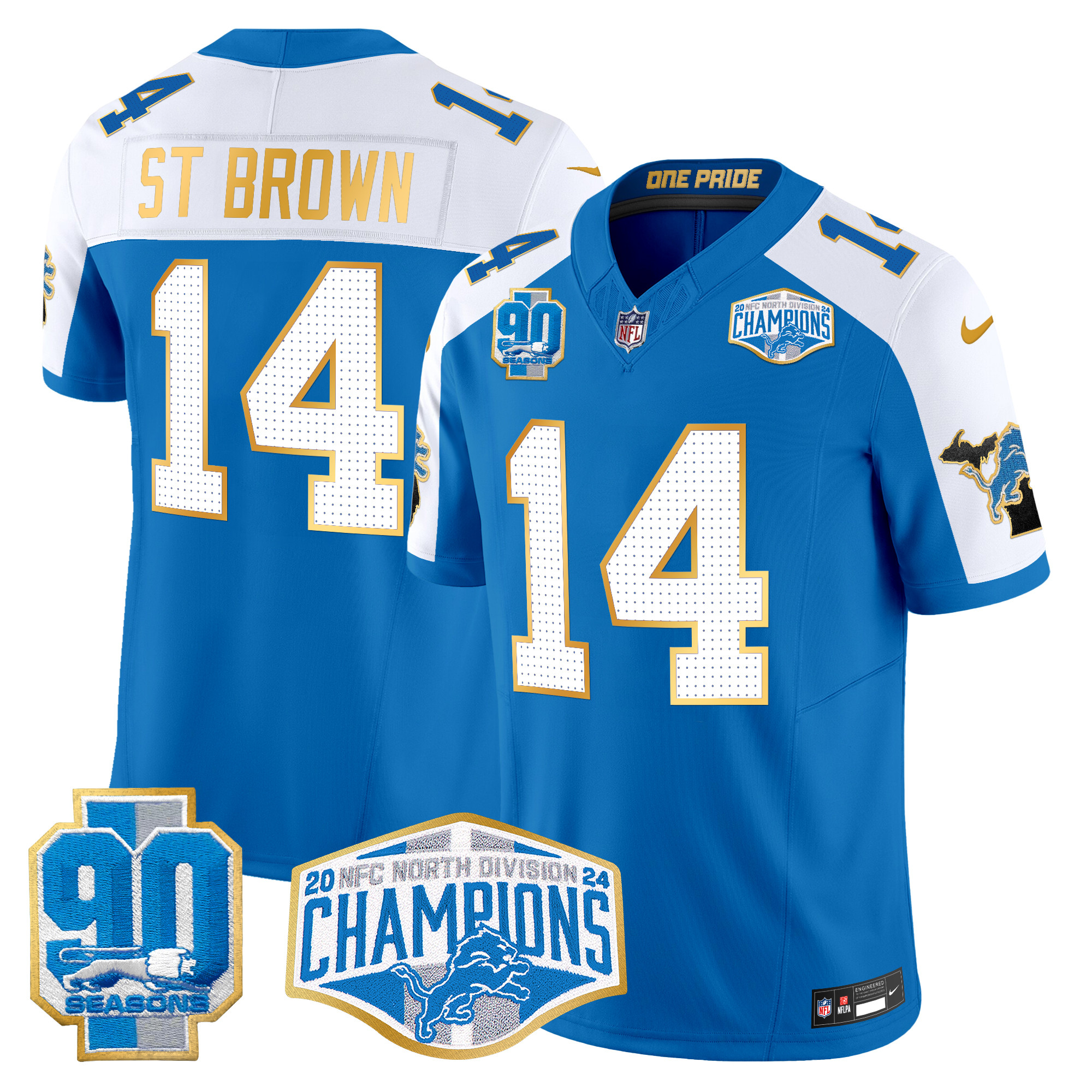 Men's St. Brown Detroit Lions 2024 NFC North Division Champions Patch Gold Trim Vapor Limited Blue Alternate Jersey - All Stitched