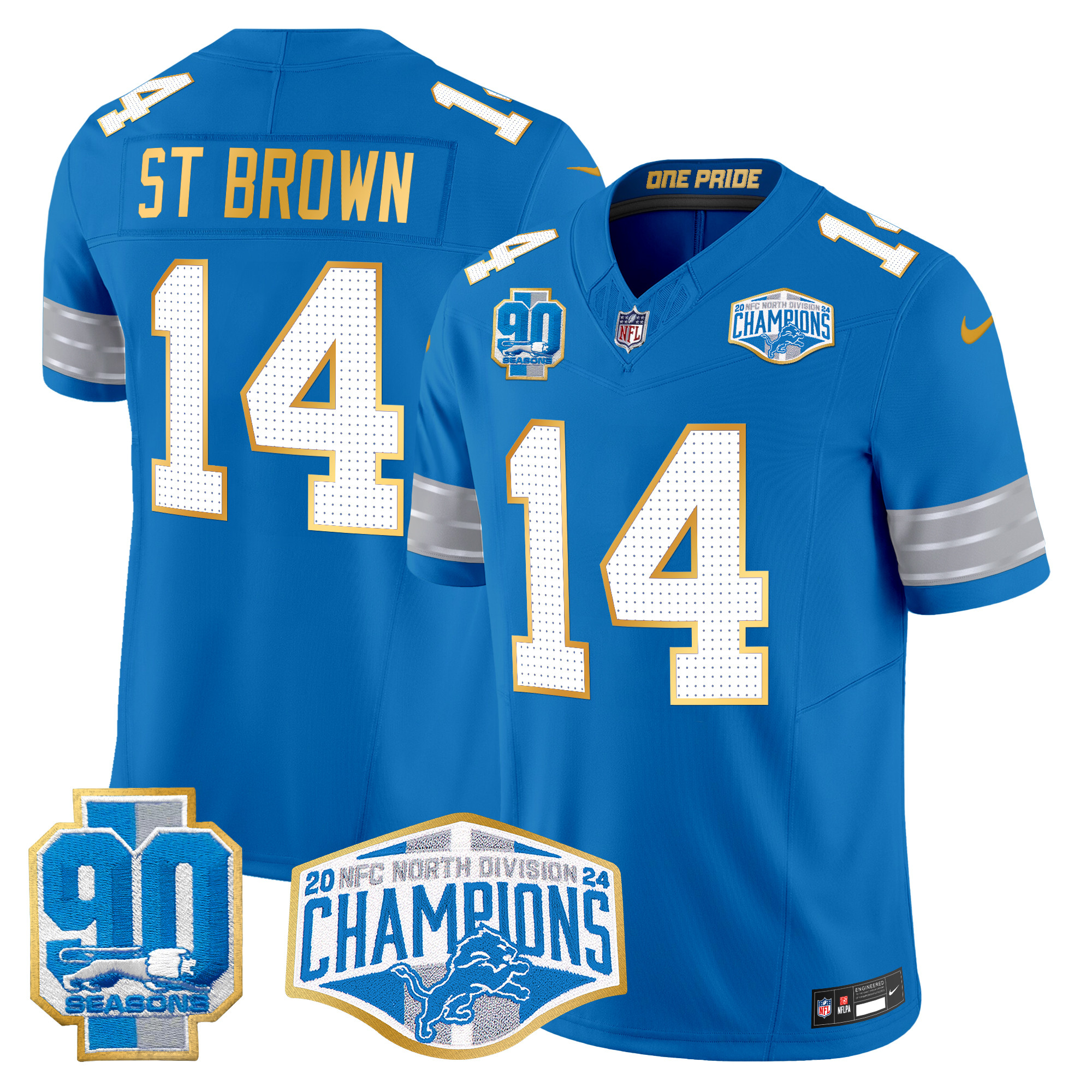 Men's St. Brown Detroit Lions 2024 NFC North Division Champions Patch Gold Trim Vapor Limited Blue Jersey - All Stitched