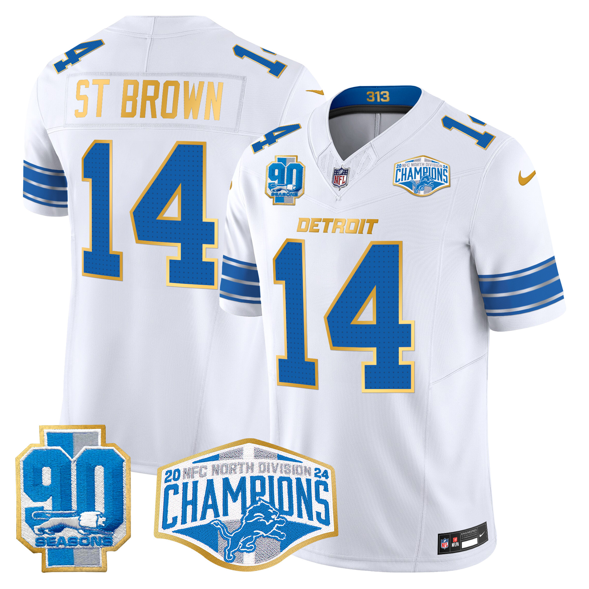 Men's St. Brown Detroit Lions 2024 NFC North Division Champions Patch Gold Trim Vapor Limited White Jersey - All Stitched