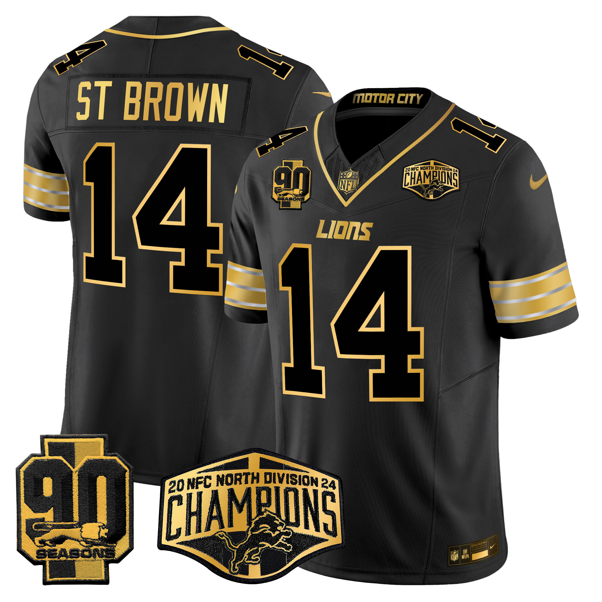 Men's St. Brown Detroit Lions 2024 NFC North Division Champions Patch Gold Vapor Limited Black Gold Jersey - All Stitched