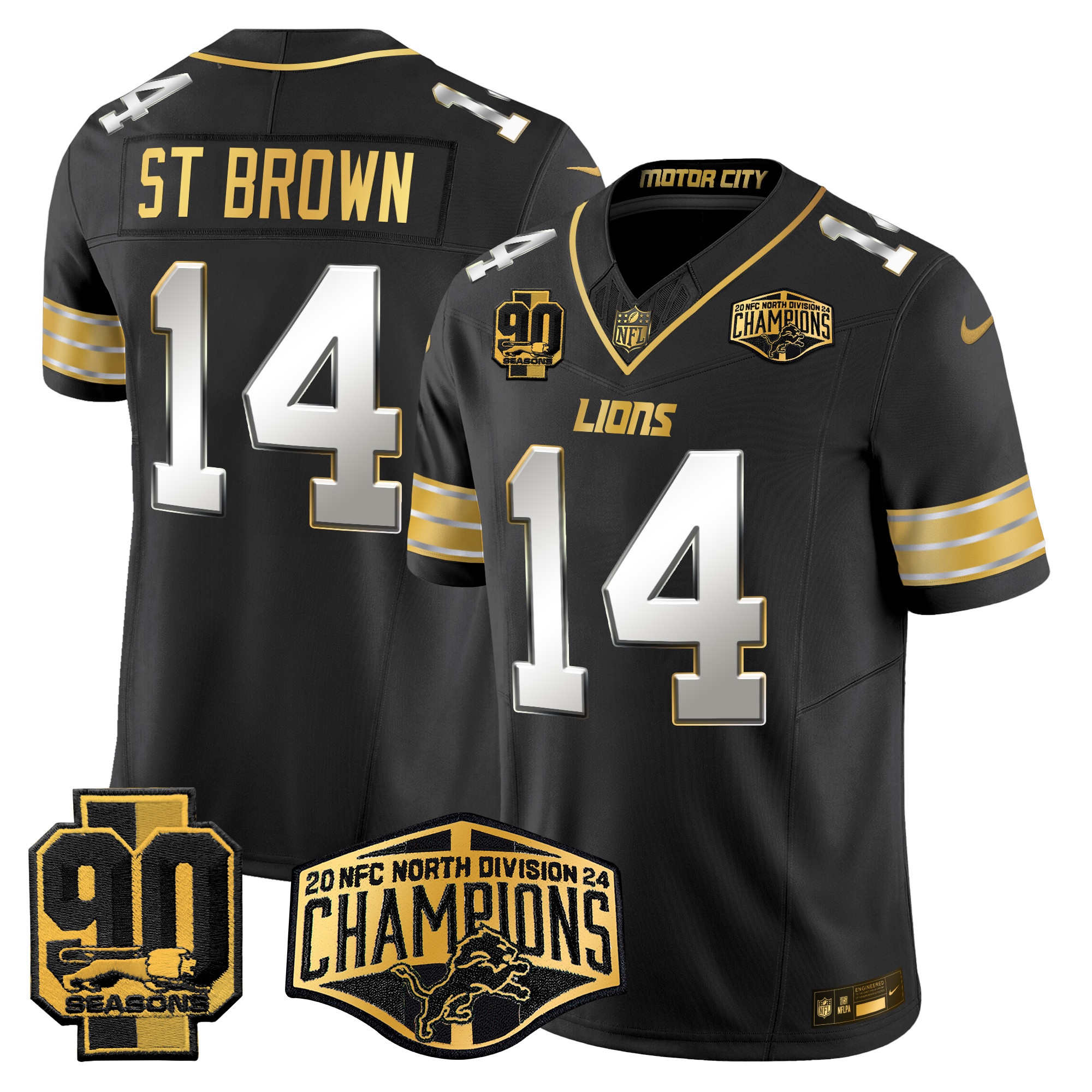 Men's St. Brown Detroit Lions 2024 NFC North Division Champions Patch Gold Vapor Limited Black Limited Jersey - All Stitched