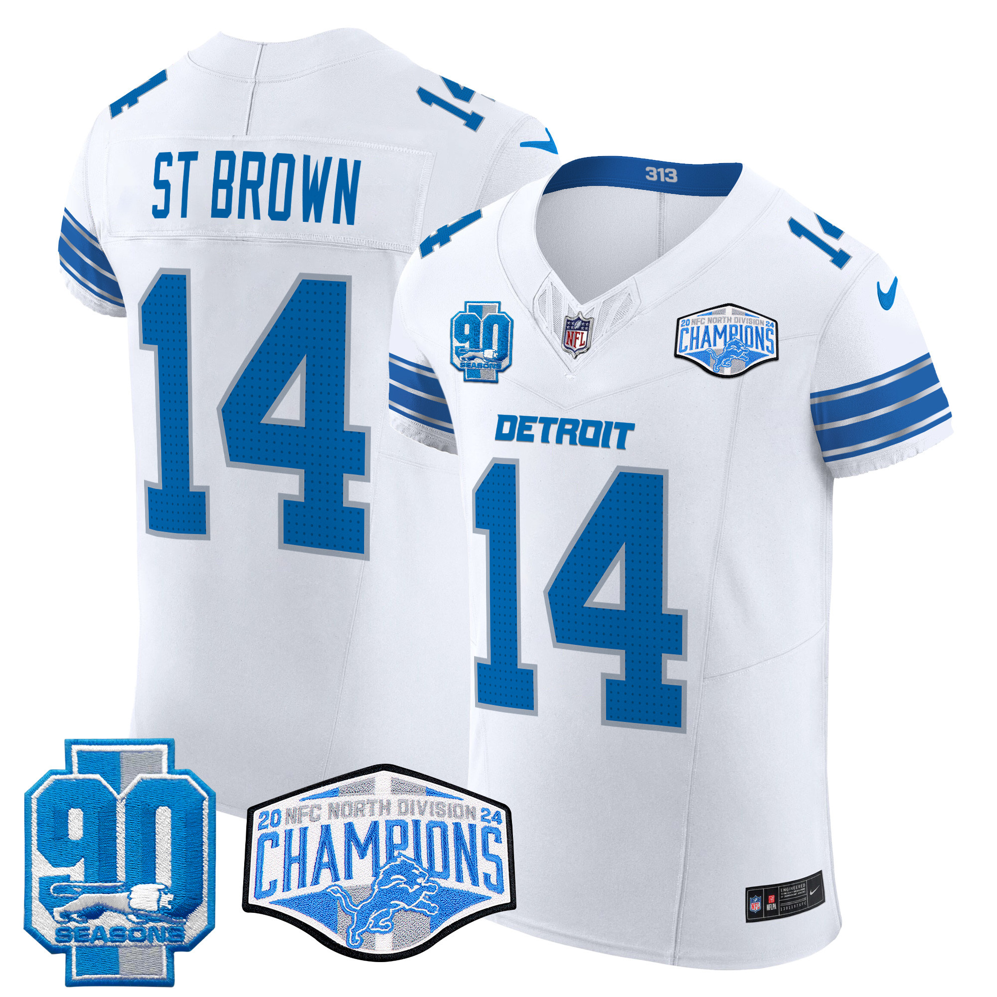 Men's St. Brown Detroit Lions 2024 NFC North Division Champions Patch Vapor Elite White Jersey - All Stitched